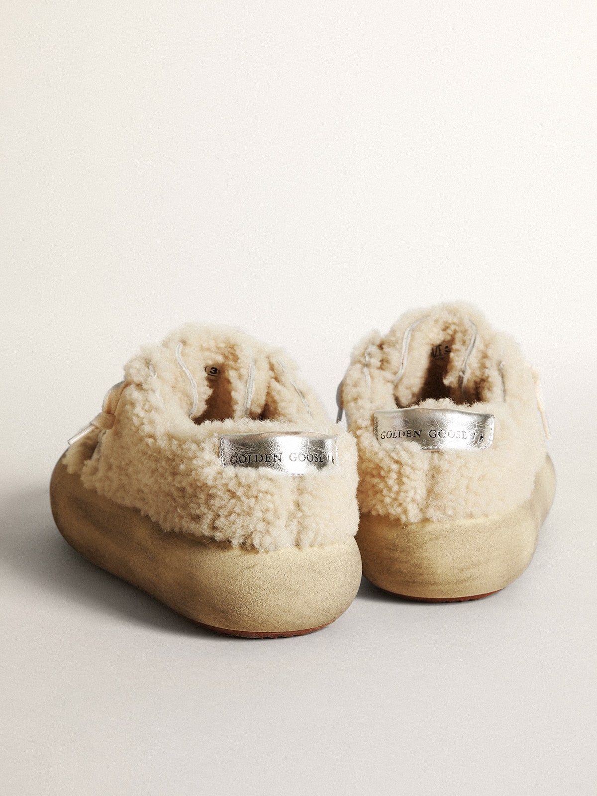 Golden Goose Women’s Space-Star shoes in beige shearling with white leather star and metallic leather heel tab
