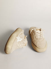 Golden Goose Women’s Space-Star Sabots in beige shearling with white leather star