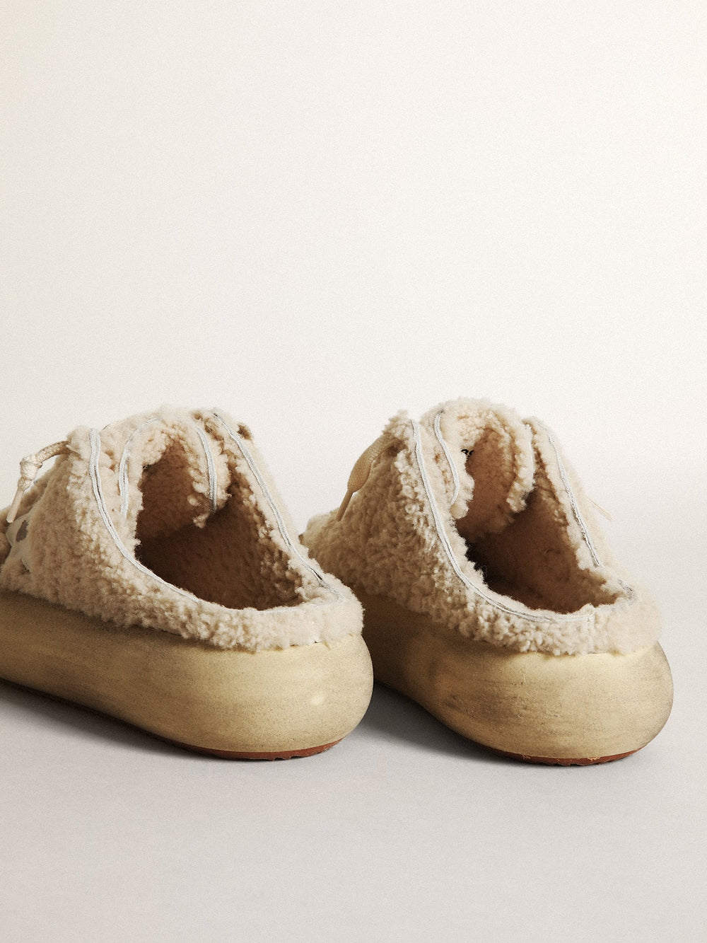 Golden Goose Women’s Space-Star Sabots in beige shearling with white leather star