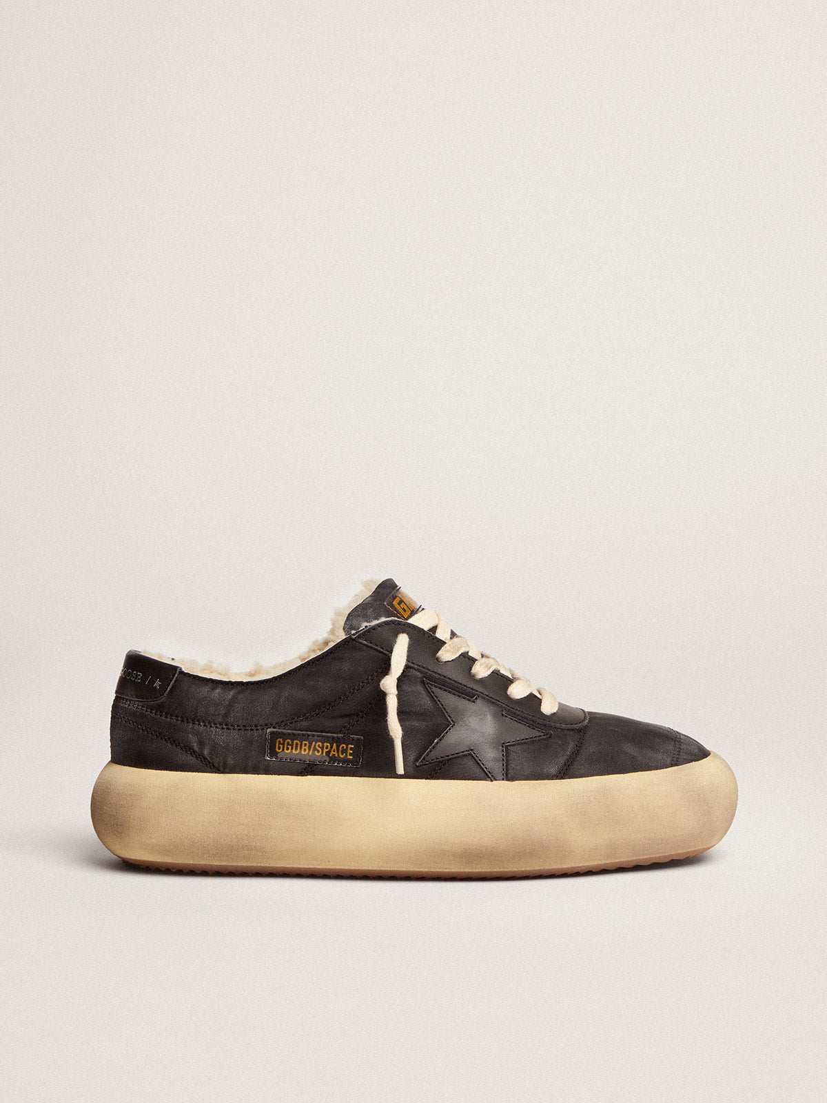 Golden Goose Women's Space-Star shoes in quilted black nylon with shearling lining