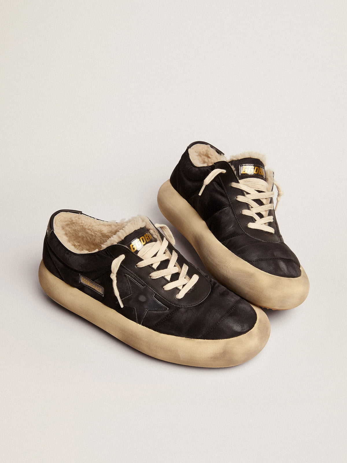 Golden Goose Women's Space-Star shoes in quilted black nylon with shearling lining