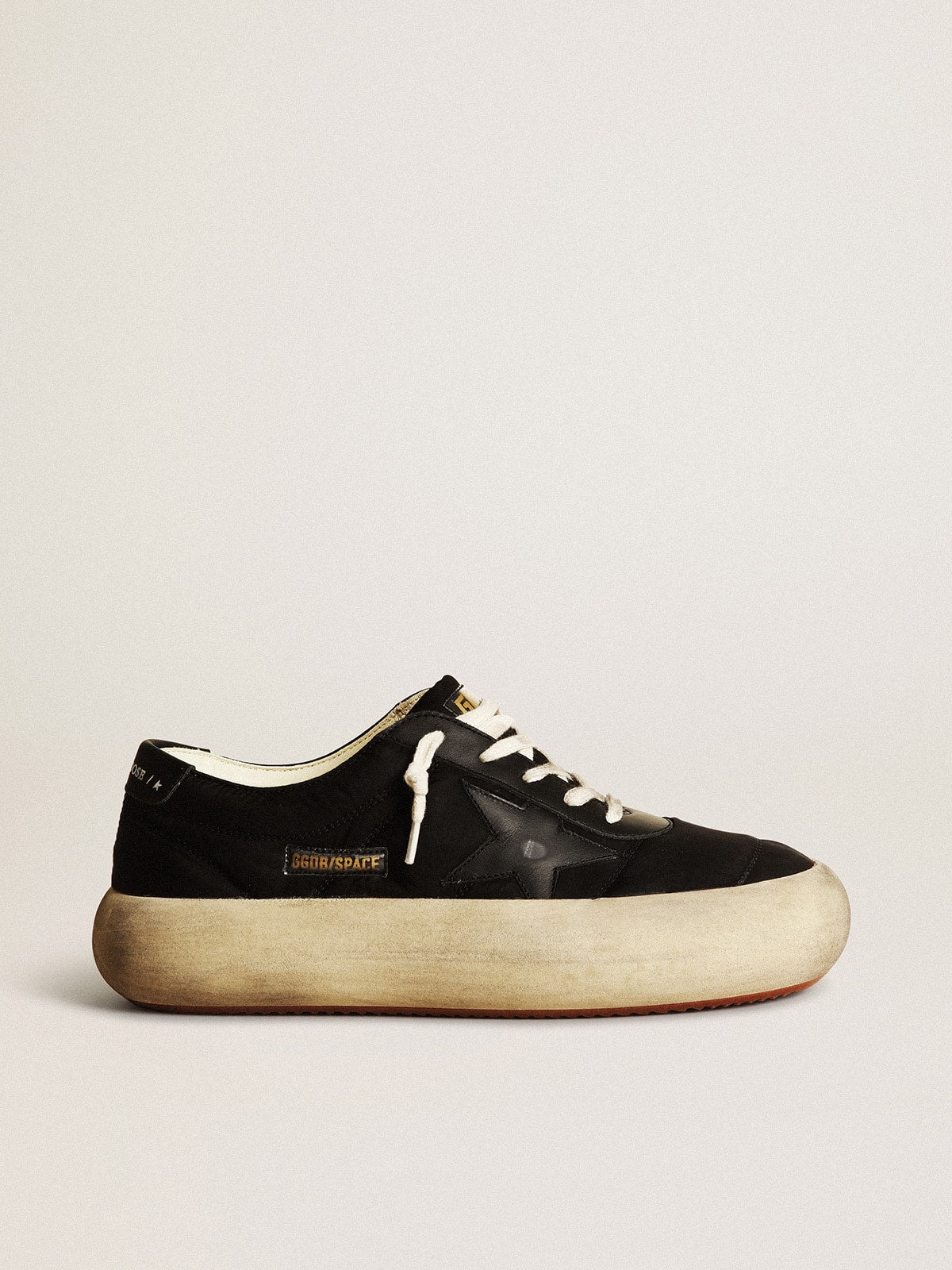 Golden Goose Women's Space-Star shoes in black nylon with black leather star and heel tab