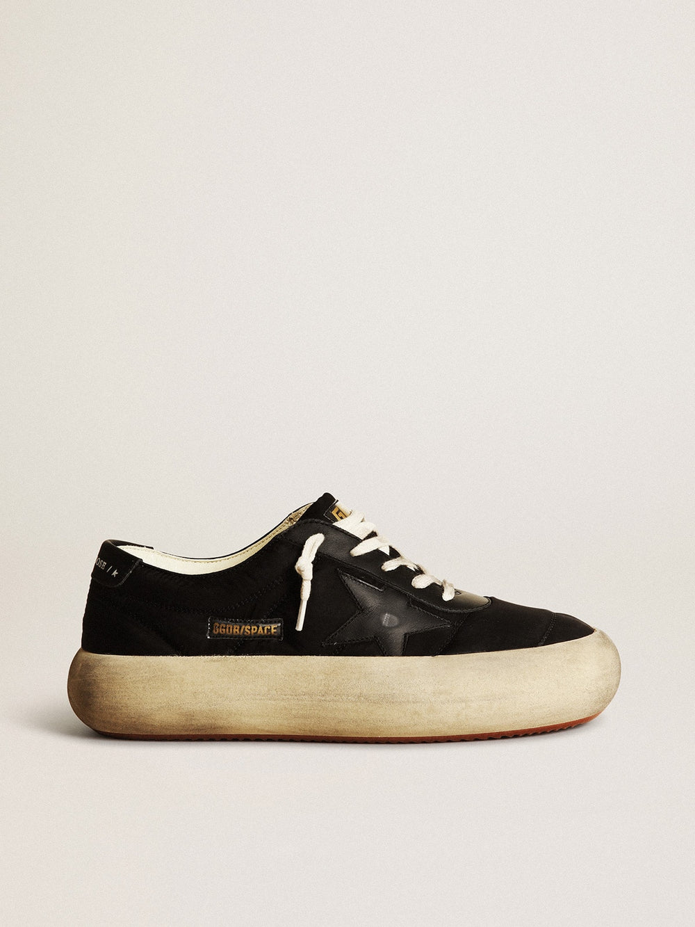 Golden Goose Women's Space-Star shoes in black nylon with black leather star and heel tab