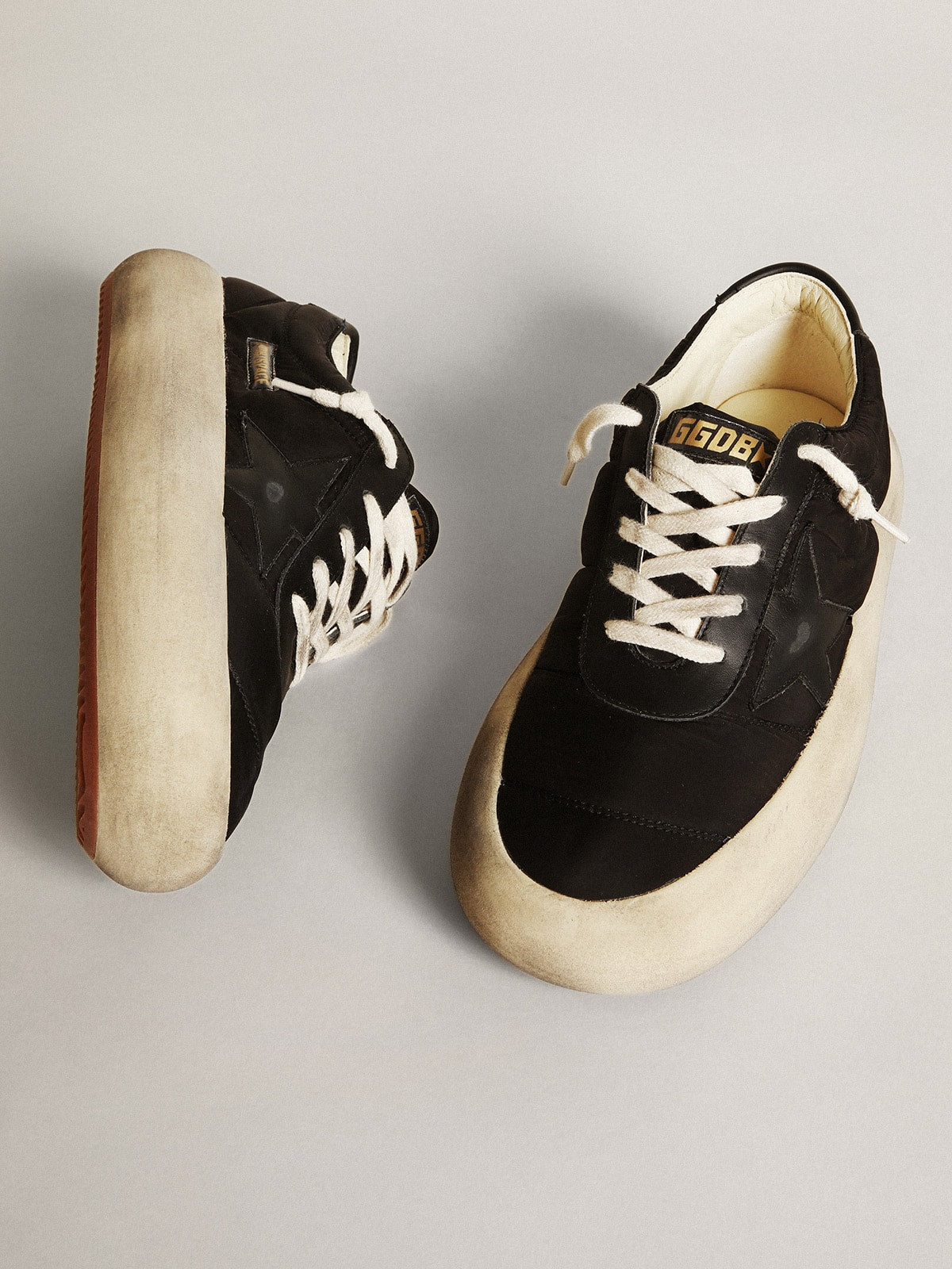 Golden Goose Women's Space-Star shoes in black nylon with black leather star and heel tab
