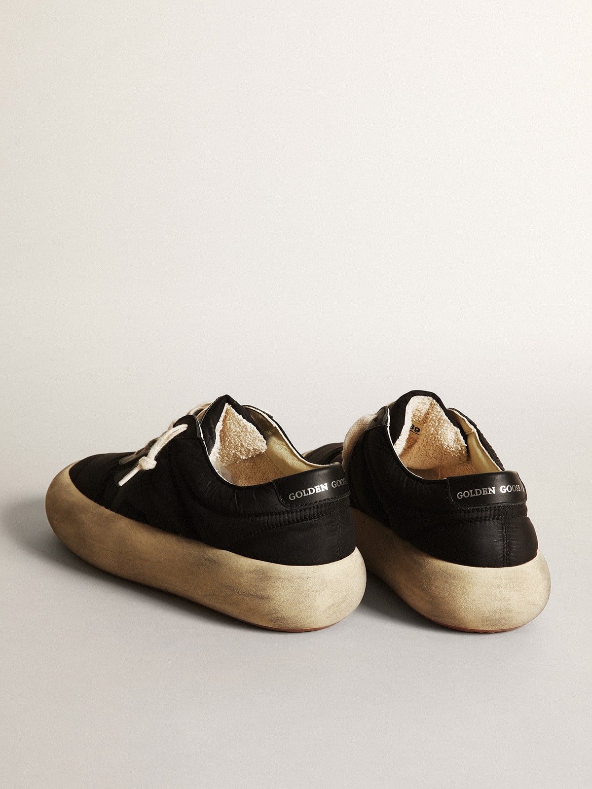 Golden Goose Women's Space-Star shoes in black nylon with black leather star and heel tab