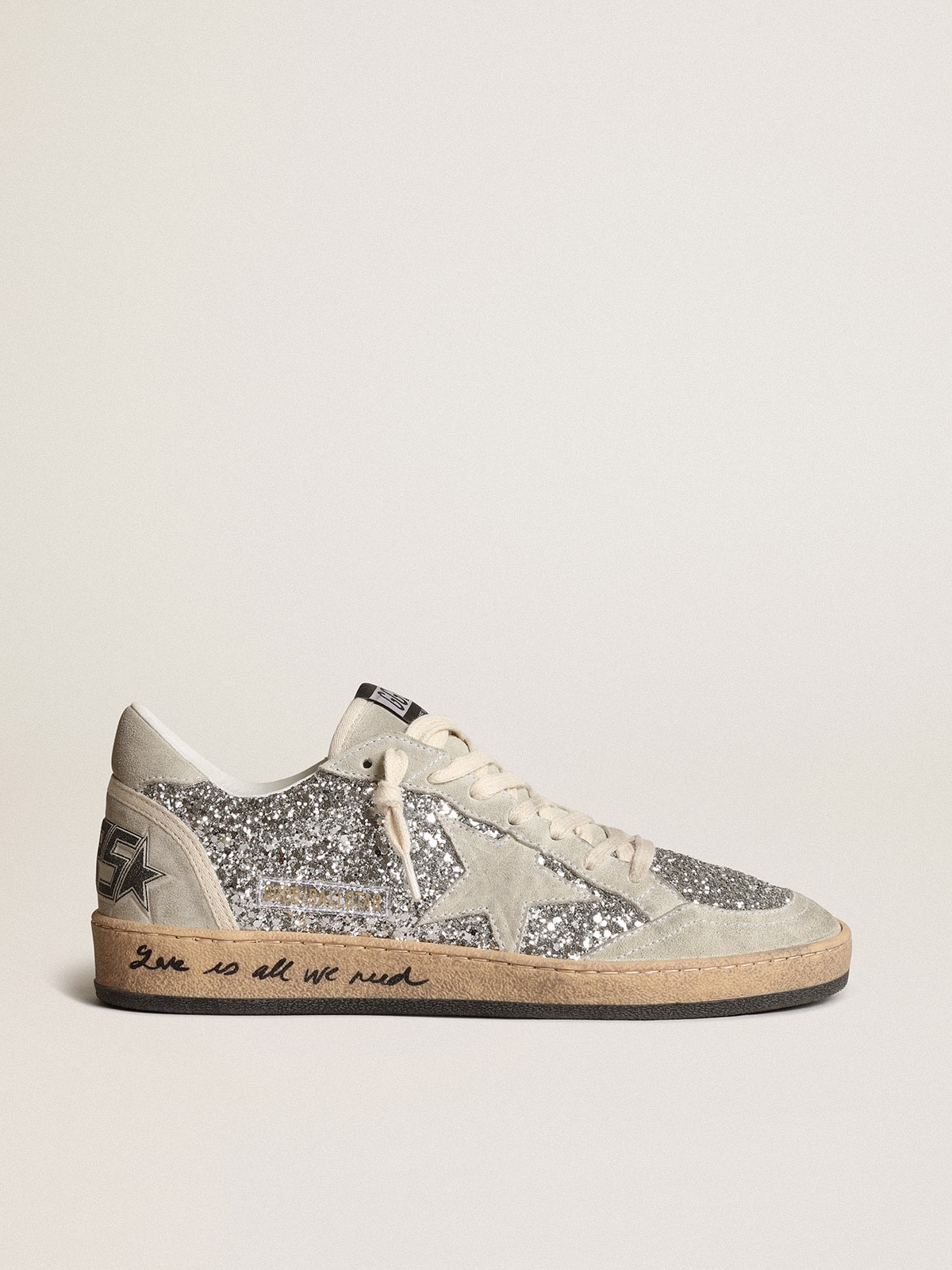 Golden Goose Women’s Ball Star in silver glitter with ice-gray suede inserts