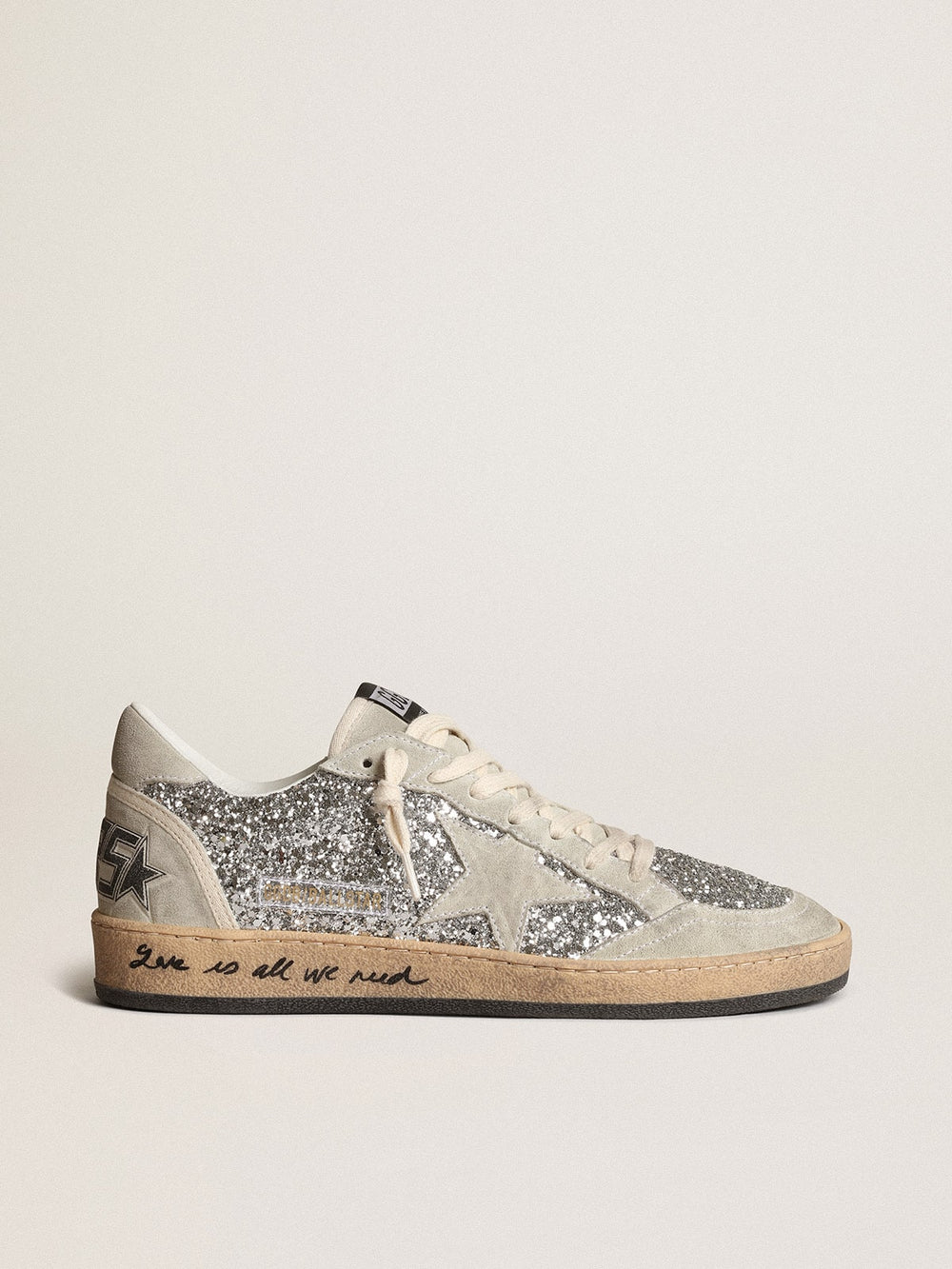 Golden Goose Women’s Ball Star in silver glitter with ice-gray suede inserts