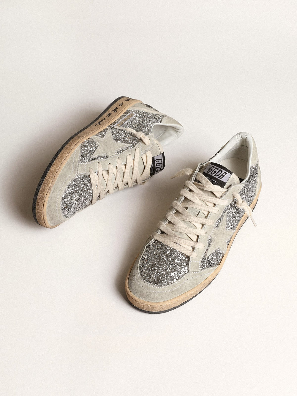 Golden Goose Women’s Ball Star in silver glitter with ice-gray suede inserts