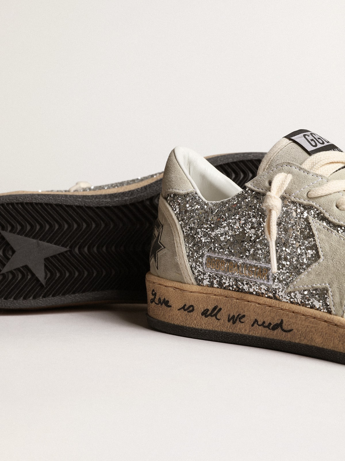 Golden Goose Women’s Ball Star in silver glitter with ice-gray suede inserts