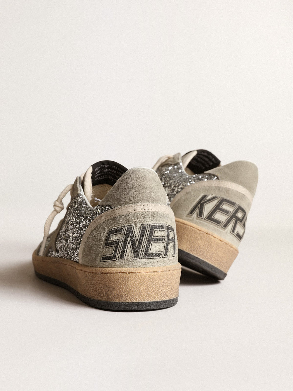 Golden Goose Women’s Ball Star in silver glitter with ice-gray suede inserts