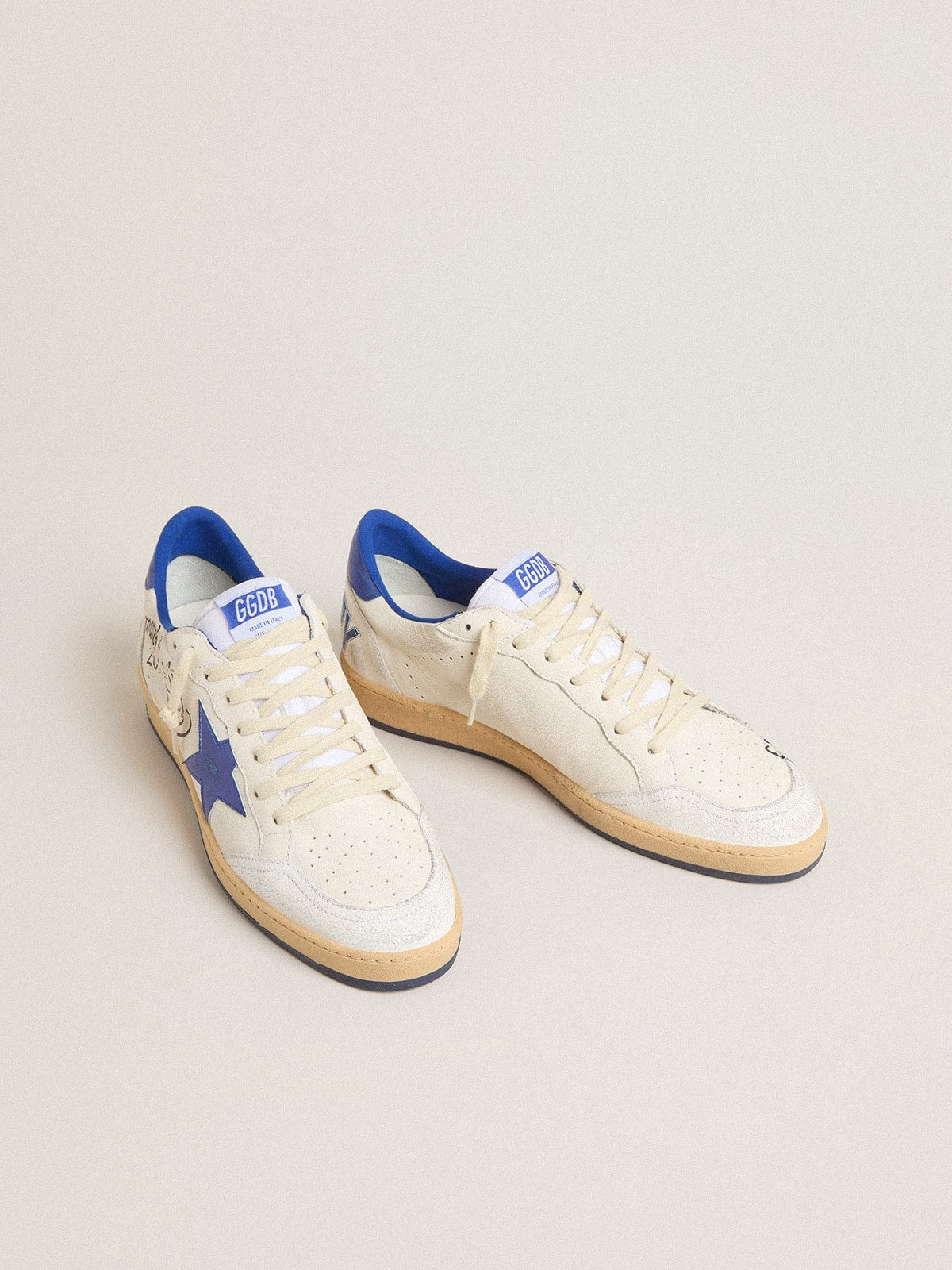Golden Goose Women’s Ball Star Wishes in white nappa leather with bright blue star and heel tab