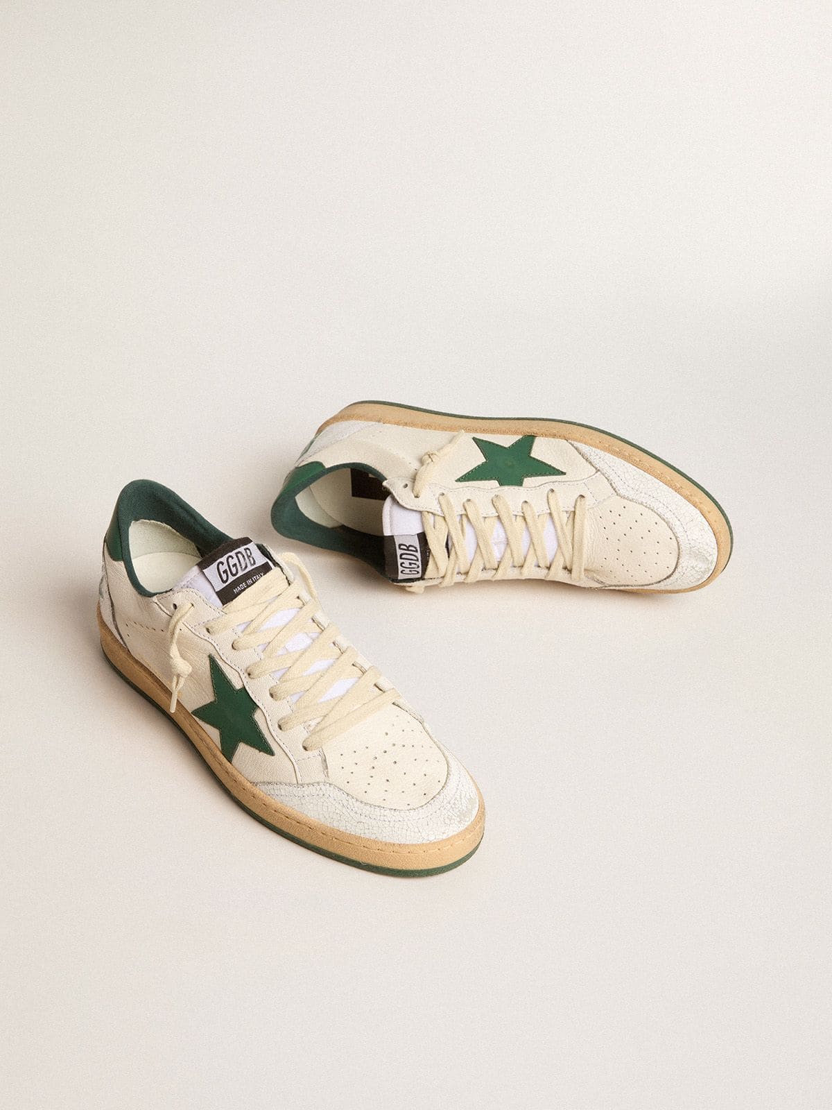 Golden Goose Women's Ball Star Wishes in white nappa leather with green leather star and heel tab