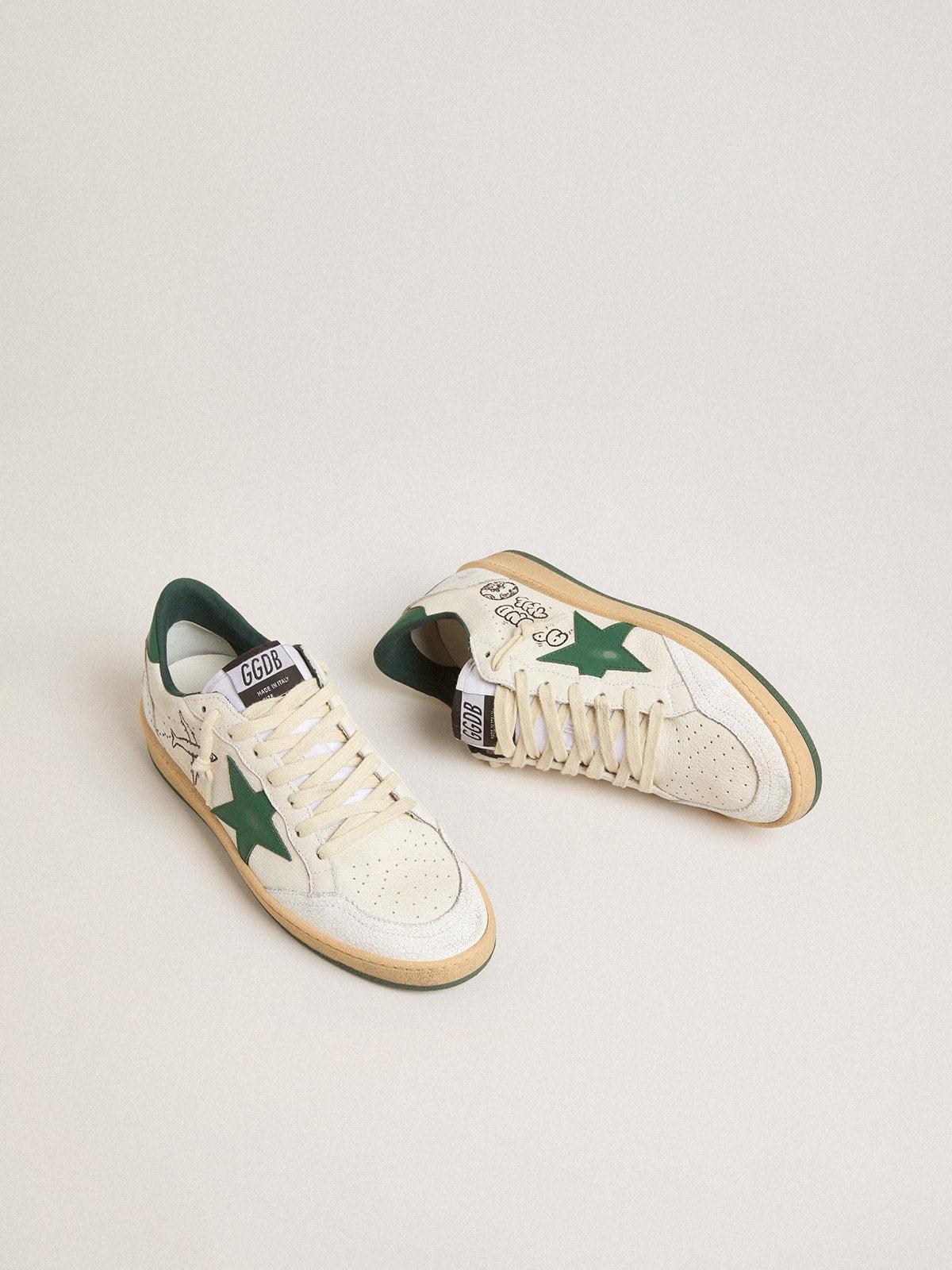 Golden Goose Women's Ball Star Wishes in white nappa leather with green leather star and heel tab