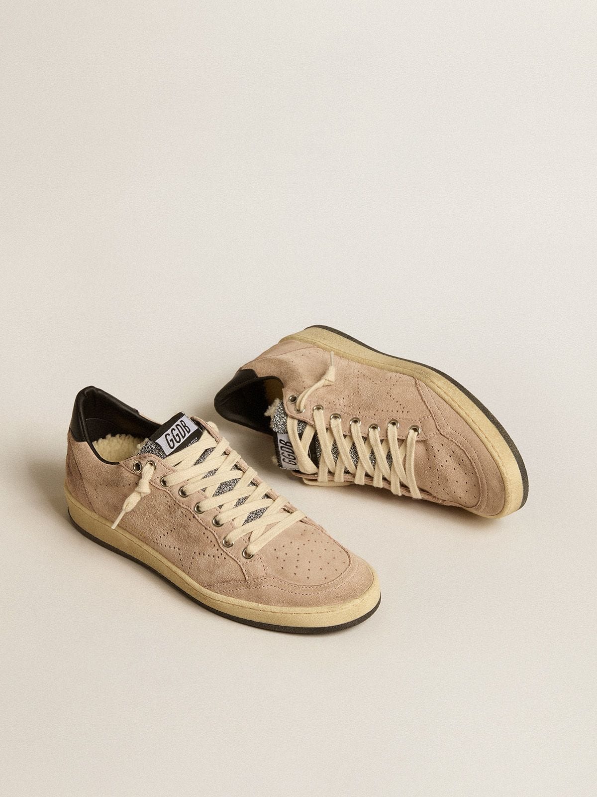 Golden Goose Women's Ball Star LTD in powder pink suede with Swarovski crystal tongue and shearling lining