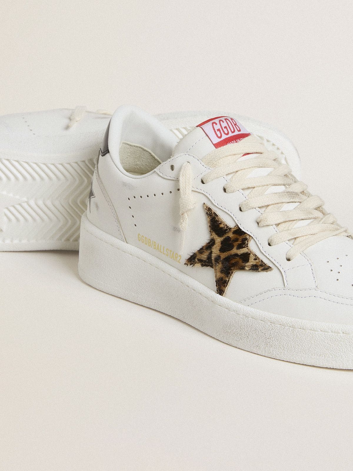 Golden Goose Ball Star with leopard pony skin star and black laminated leather heel tab