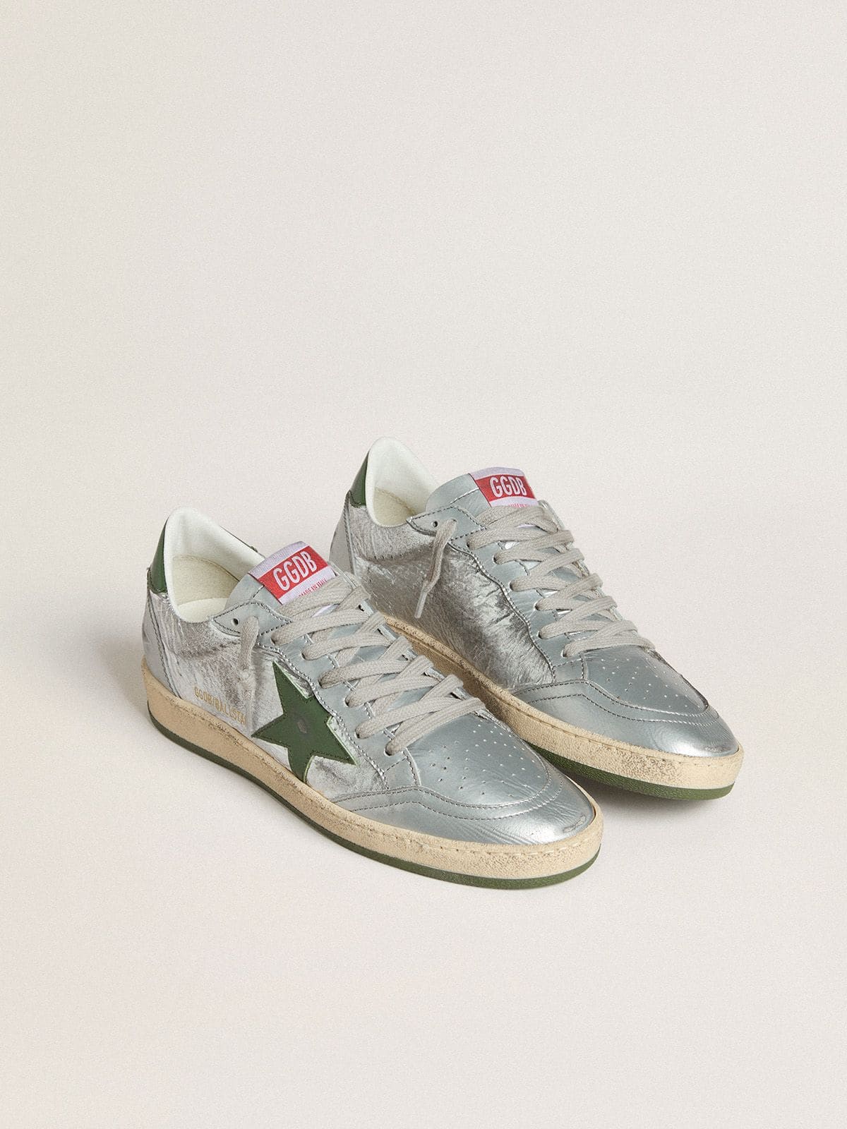 Golden Goose Women's Ball Star in silver nylon with green leather star and heel tab