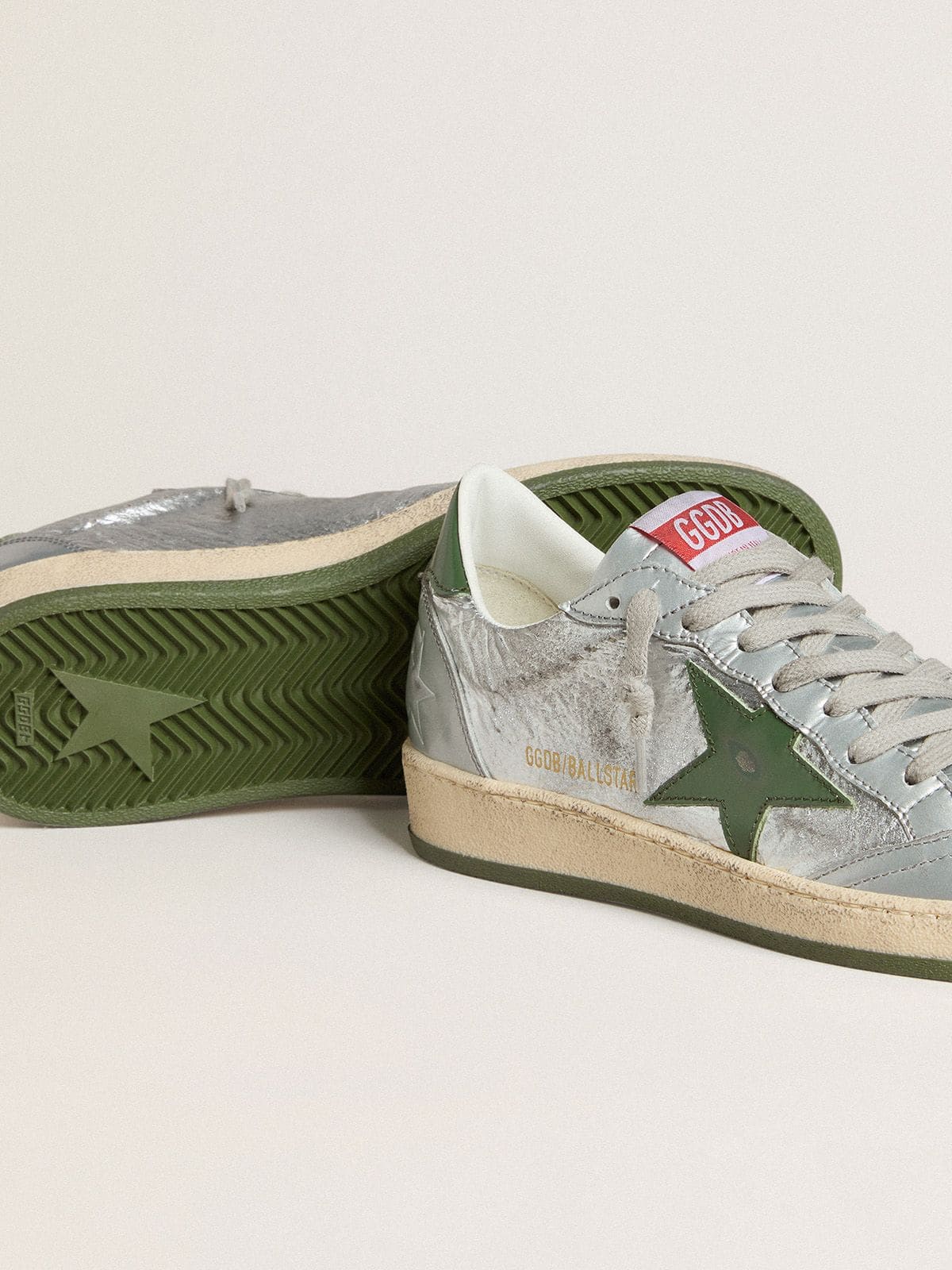 Golden Goose Women's Ball Star in silver nylon with green leather star and heel tab