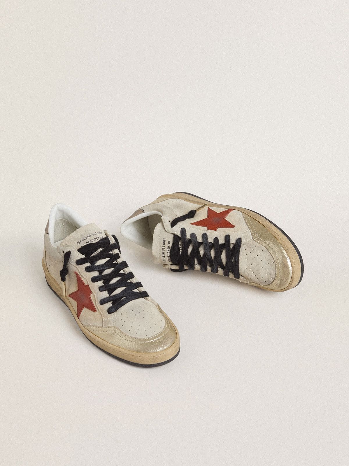 Golden Goose Ball Star in beige suede with red leather star and metallic bronze foiled leather heel tab