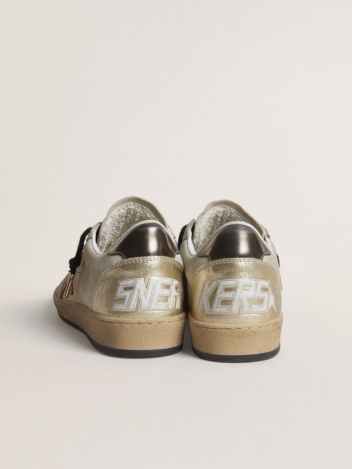 Golden Goose Ball Star in beige suede with red leather star and metallic bronze foiled leather heel tab