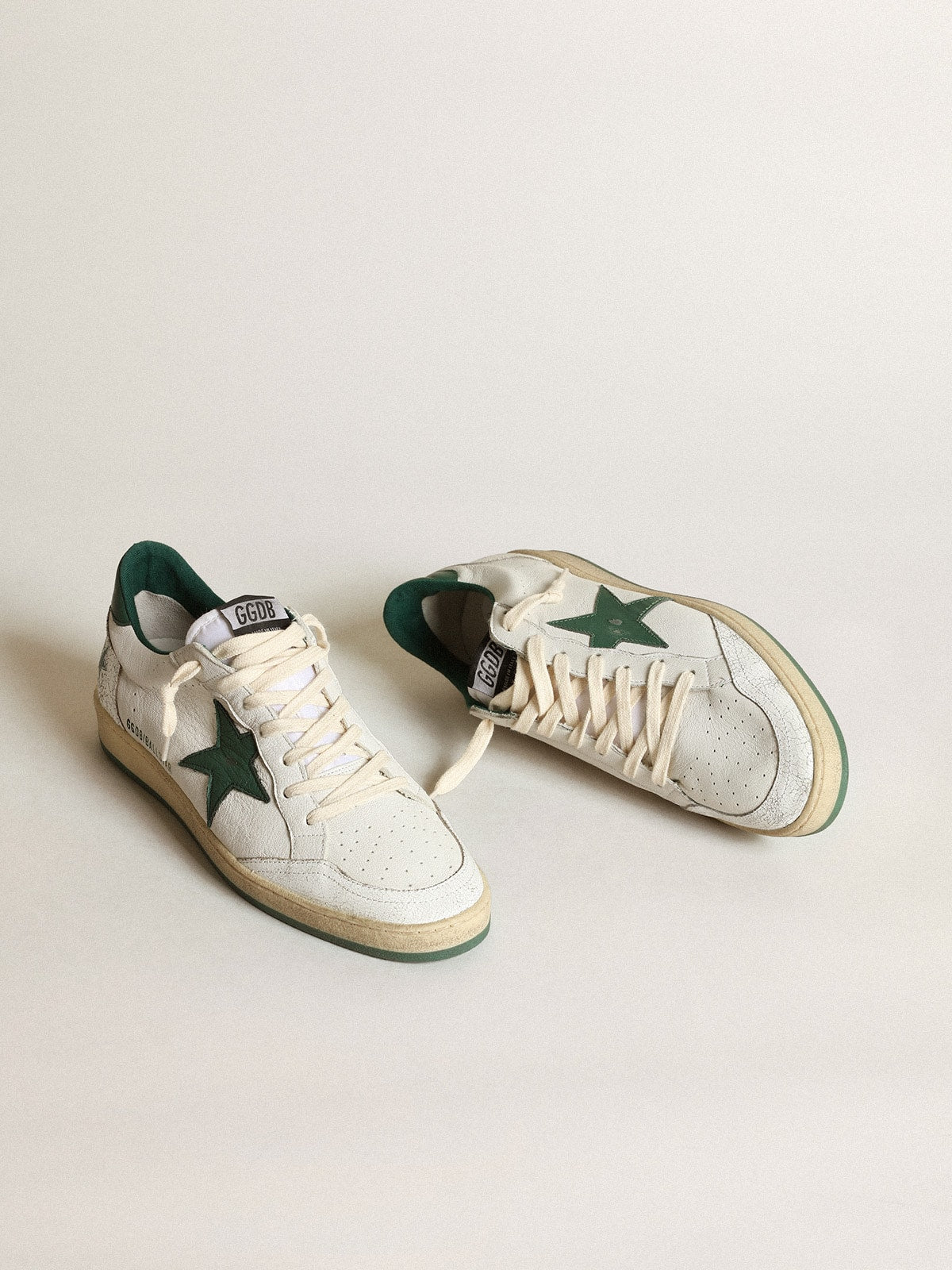 Golden Goose Women's Ball Star in white nappa leather with green leather star and heel tab