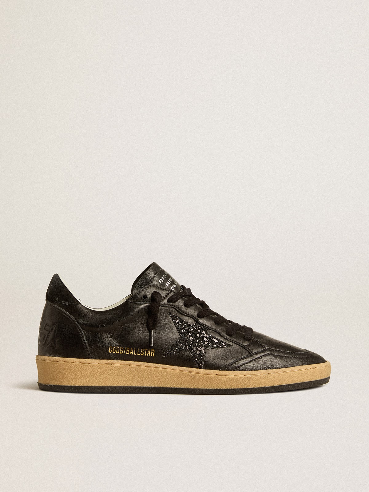 Golden Goose Women’s Ball Star in black nappa with black glitter star and suede heel tab