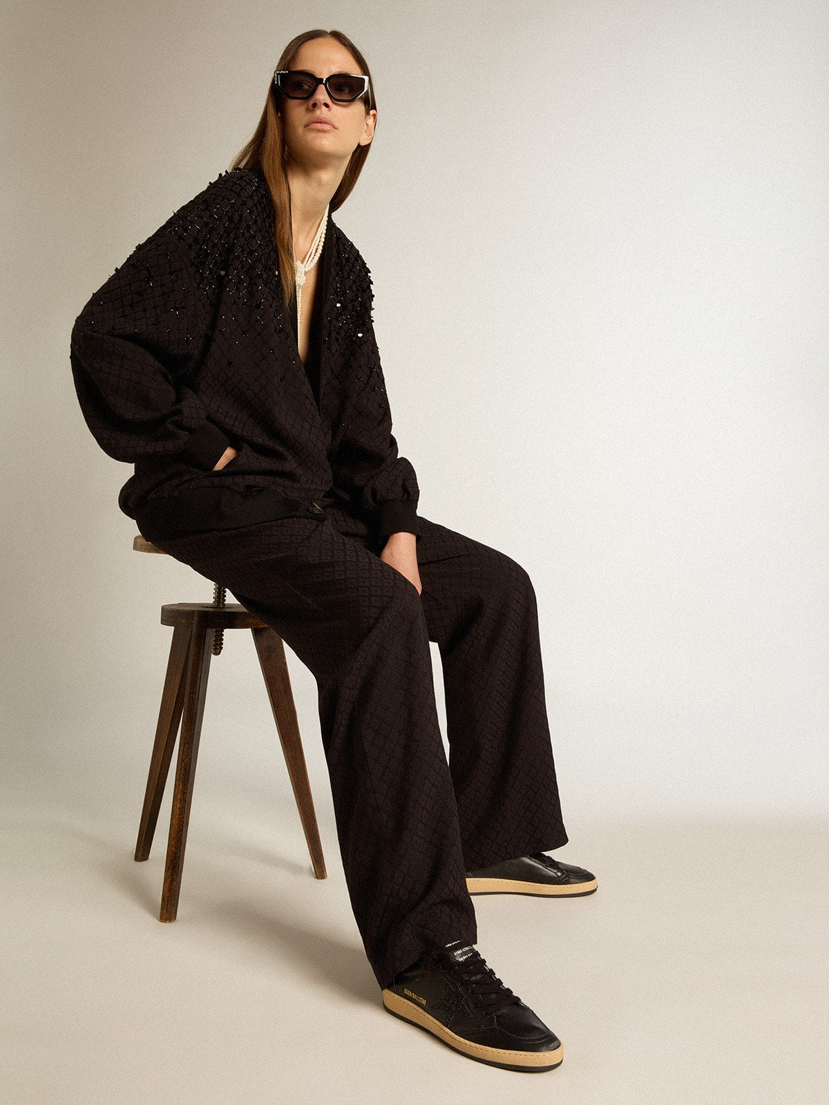 Golden Goose Women’s Ball Star in black nappa with black glitter star and suede heel tab