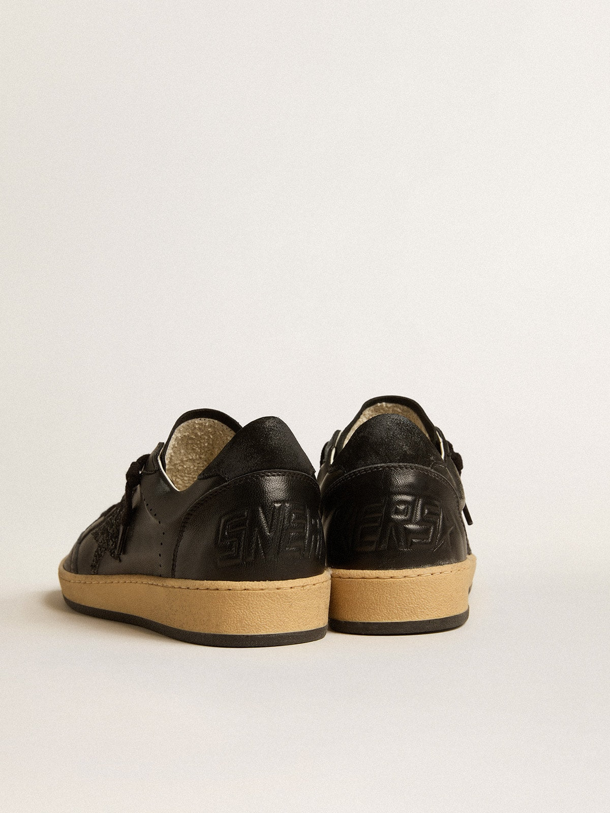 Golden Goose Women’s Ball Star in black nappa with black glitter star and suede heel tab