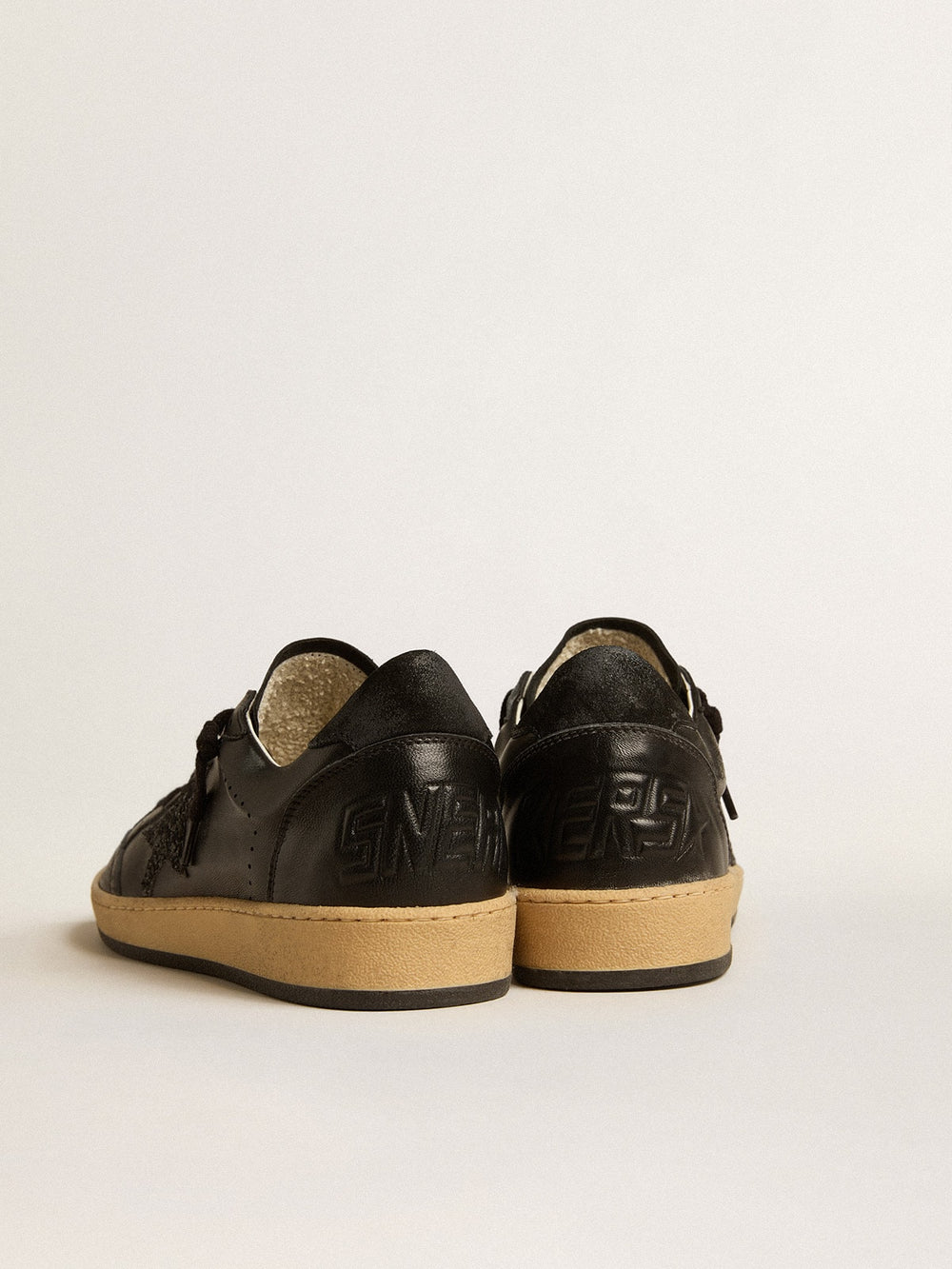 Golden Goose Women’s Ball Star in black nappa with black glitter star and suede heel tab