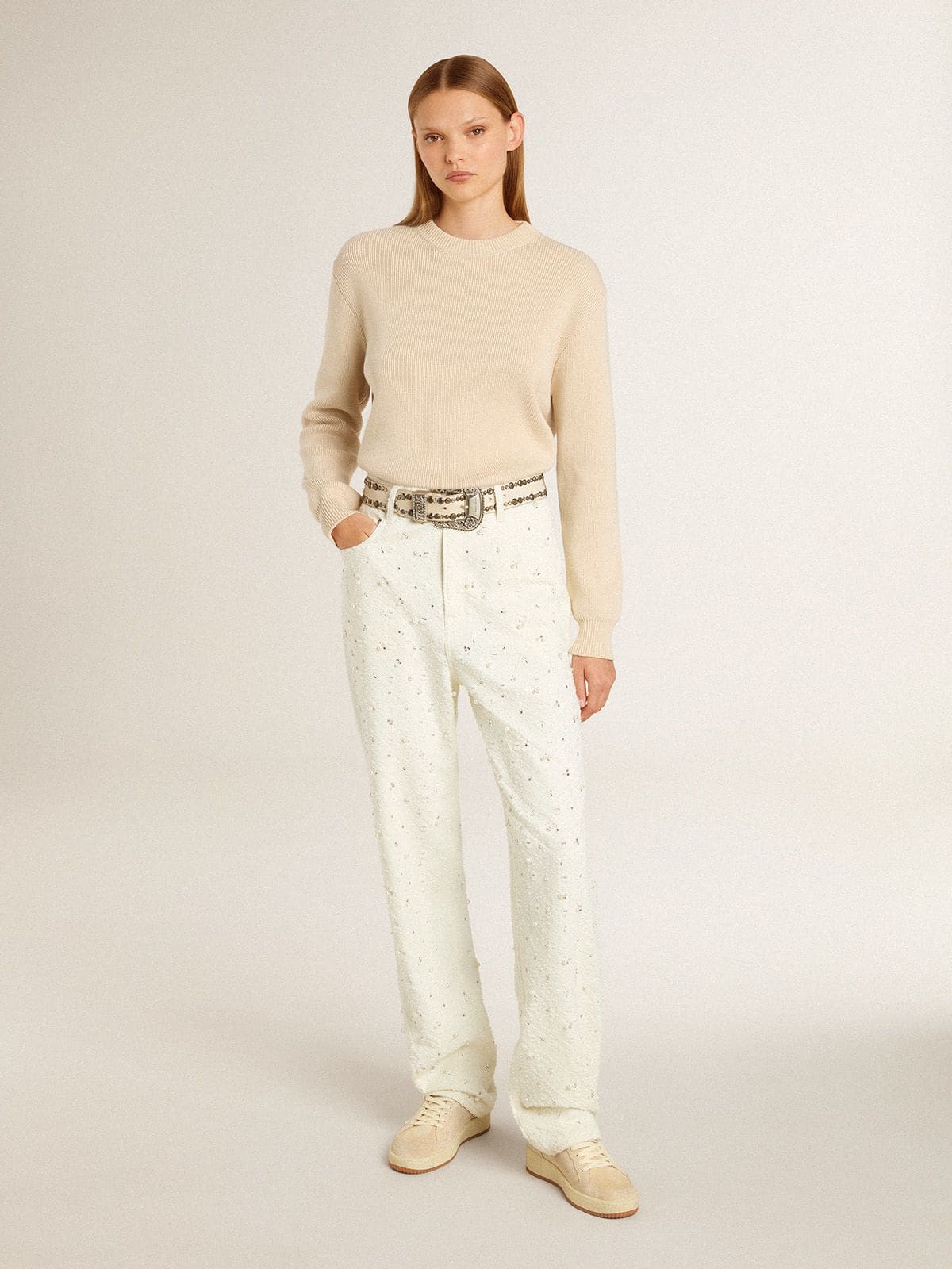 Golden Goose Women's Ball Star in beige suede with white leather star and heel tab