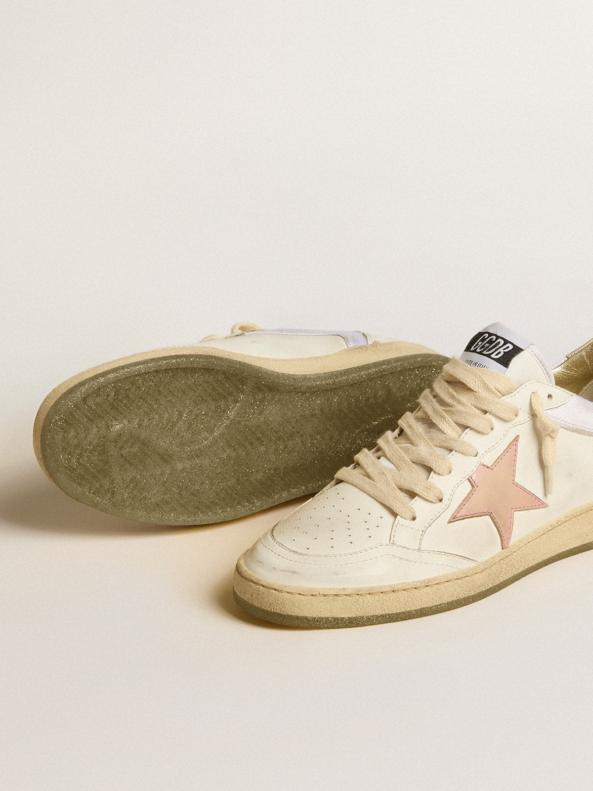 Golden Goose Ball Star in nylon and leather with pink and light blue star and beige heel tab