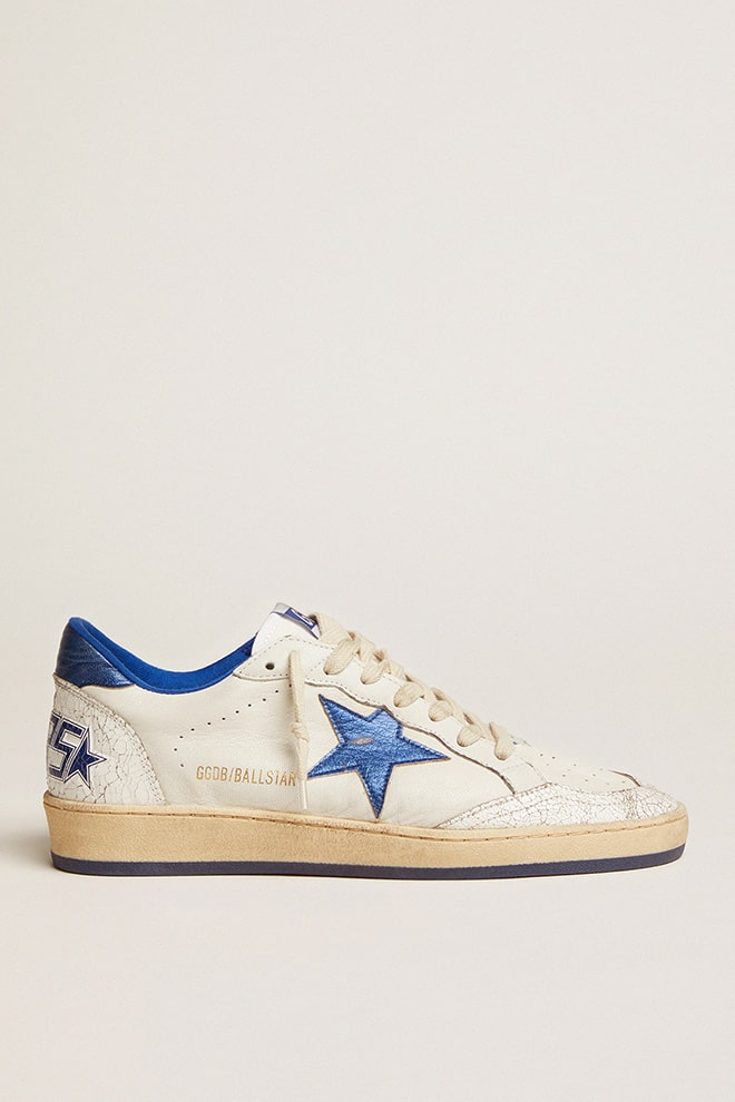 Golden Goose Women's Ball Star in white nappa with bright blue metallic leather star and heel tab