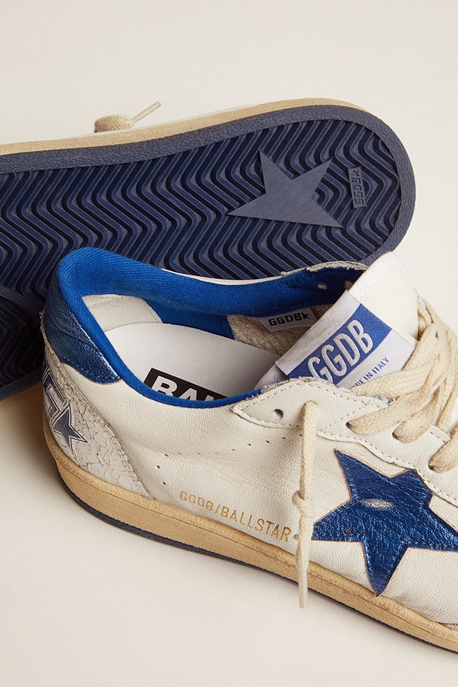 Golden Goose Women's Ball Star in white nappa with bright blue metallic leather star and heel tab