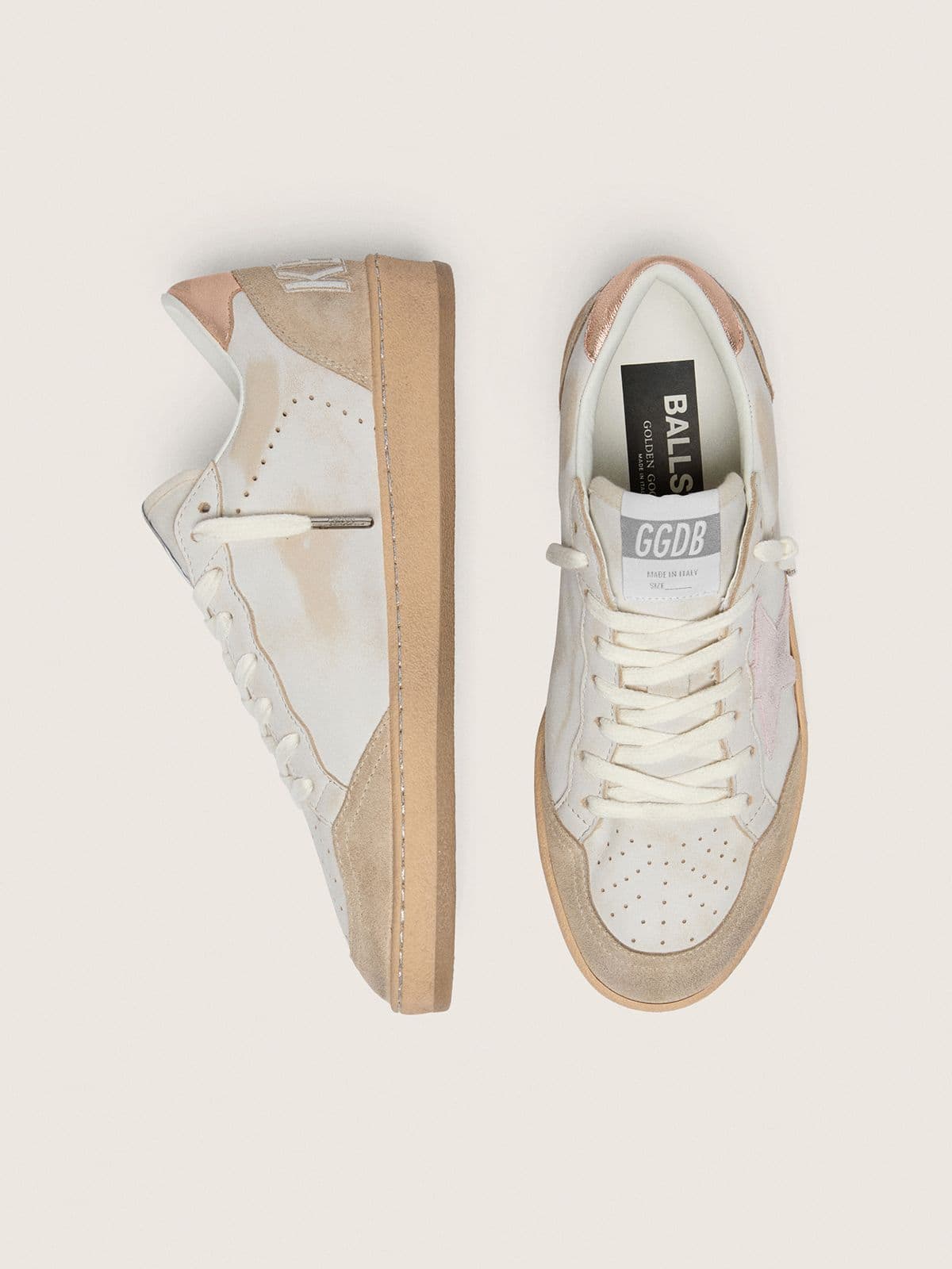 Golden Goose Ball Star with pink suede star and silver glitter edges and rose gold heel tab