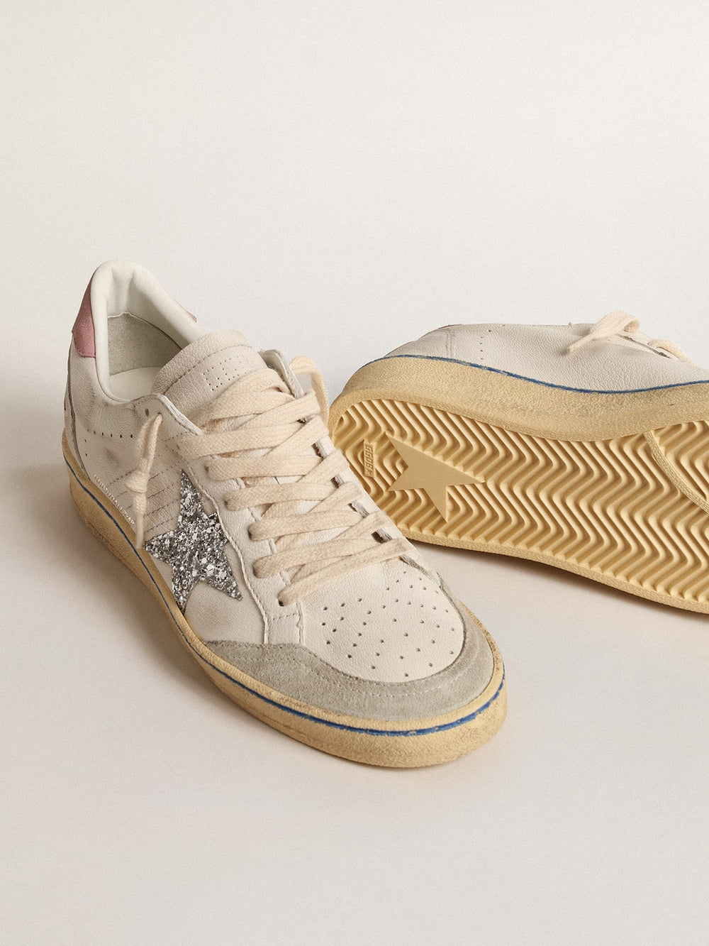 Golden Goose Ball Star  with glitter star and pink suede heel tab