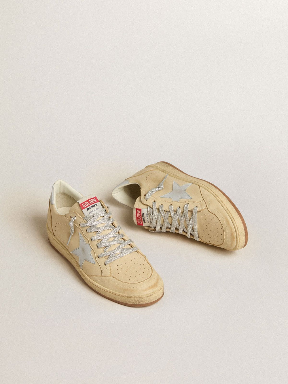 Golden Goose Women's Ball Star LTD in cream-colored leather with light gray leather star and heel tab