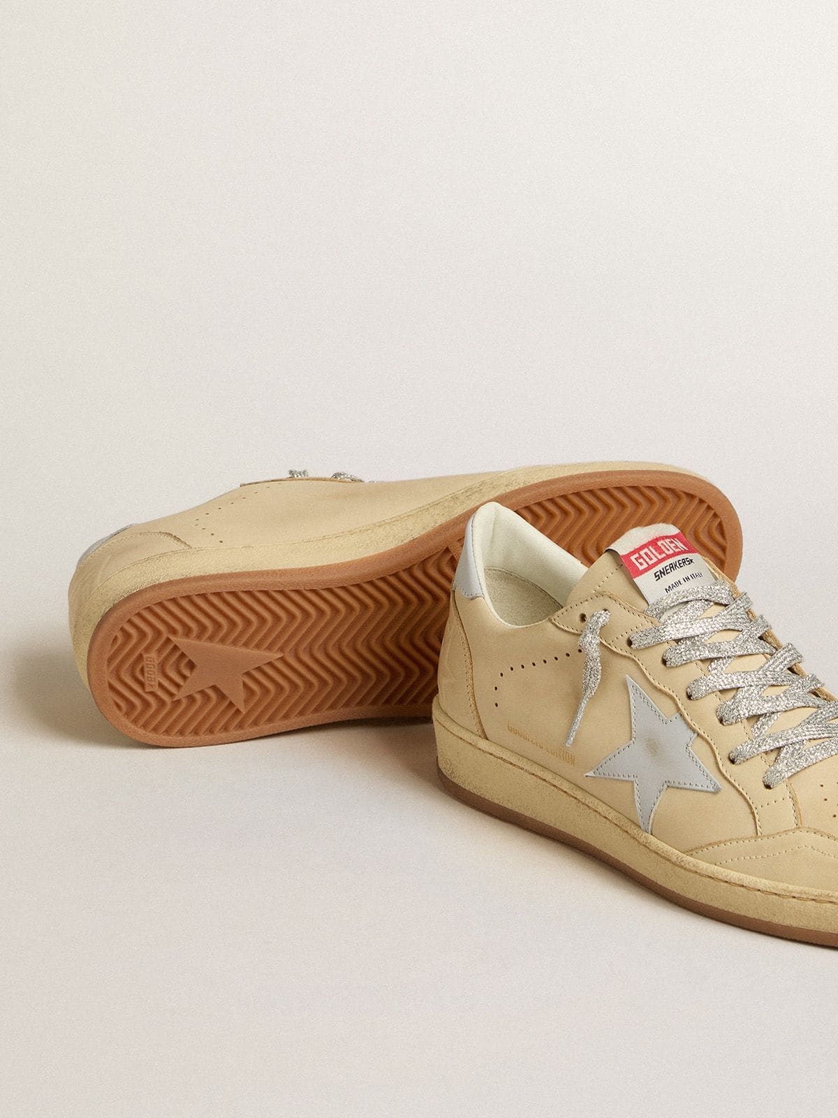 Golden Goose Women's Ball Star LTD in cream-colored leather with light gray leather star and heel tab