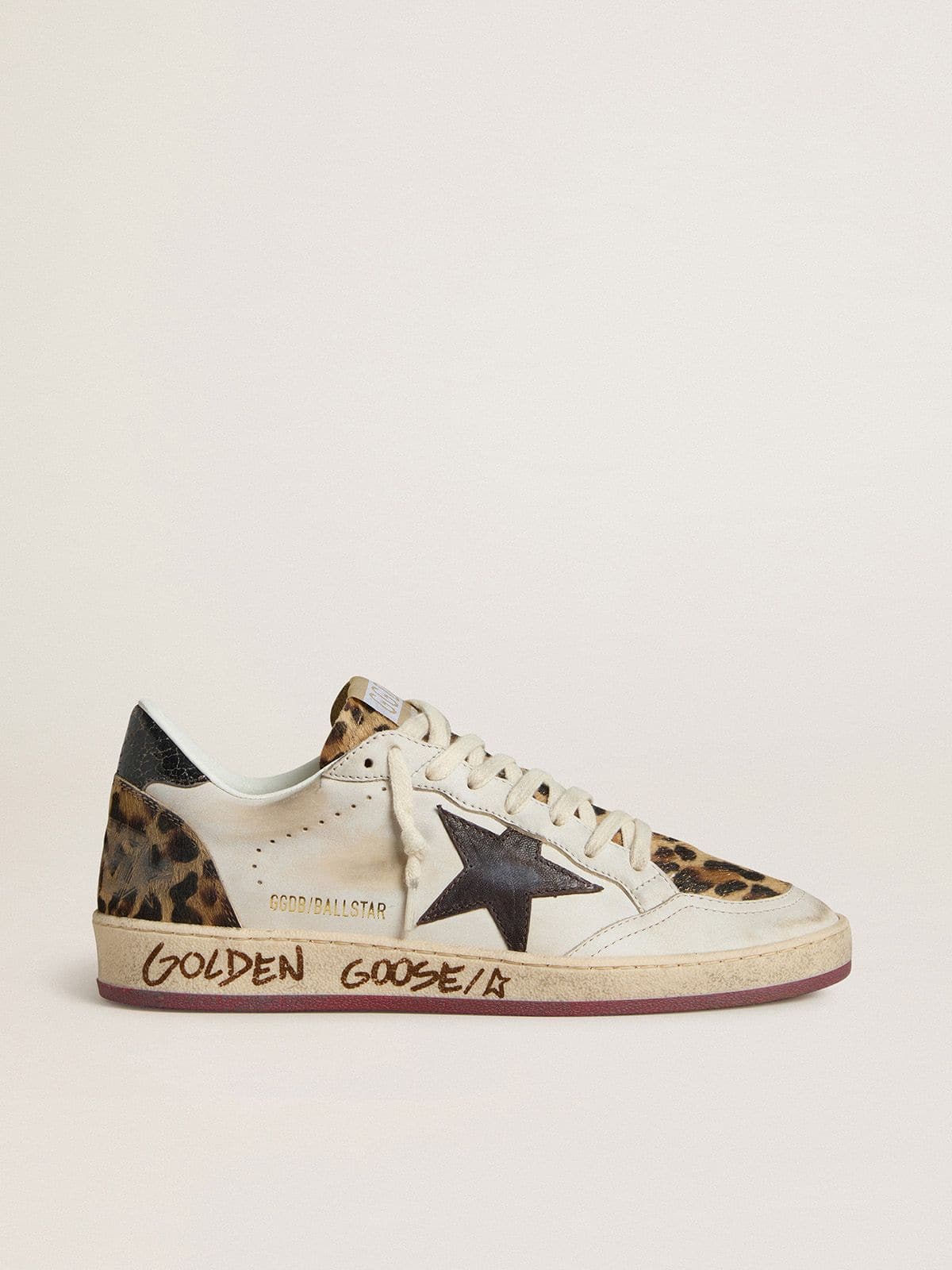 Golden Goose Women's Ball Star with brown leather star and leopard-print pony skin tongue