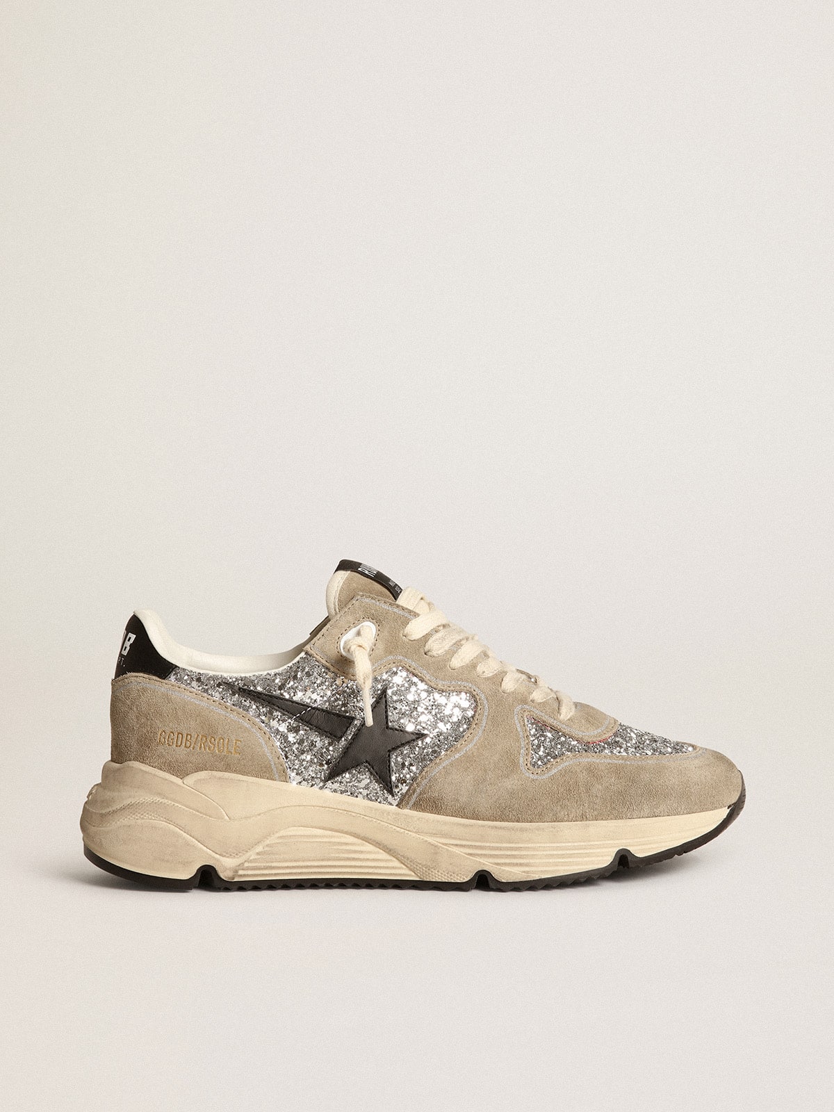 Golden Goose Women's Running Sole in silver glitter and dove gray suede