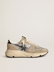 Golden Goose Women's Running Sole in silver glitter and dove gray suede
