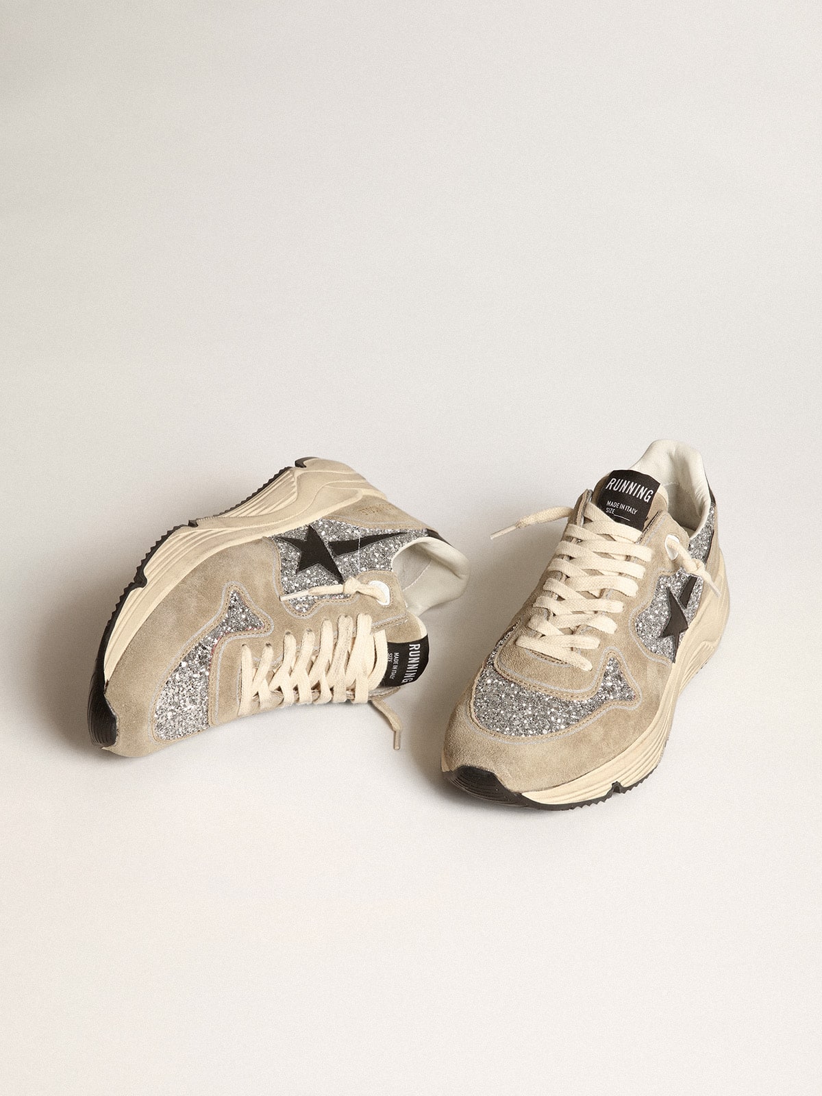 Golden Goose Women's Running Sole in silver glitter and dove gray suede