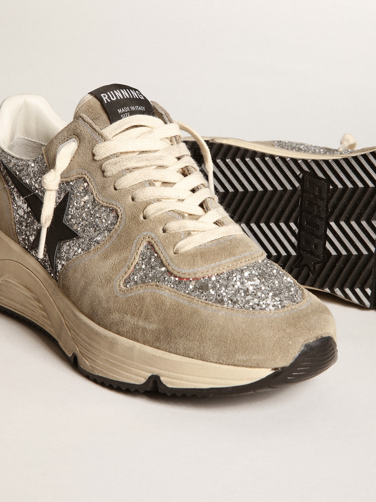 Golden Goose Women's Running Sole in silver glitter and dove gray suede