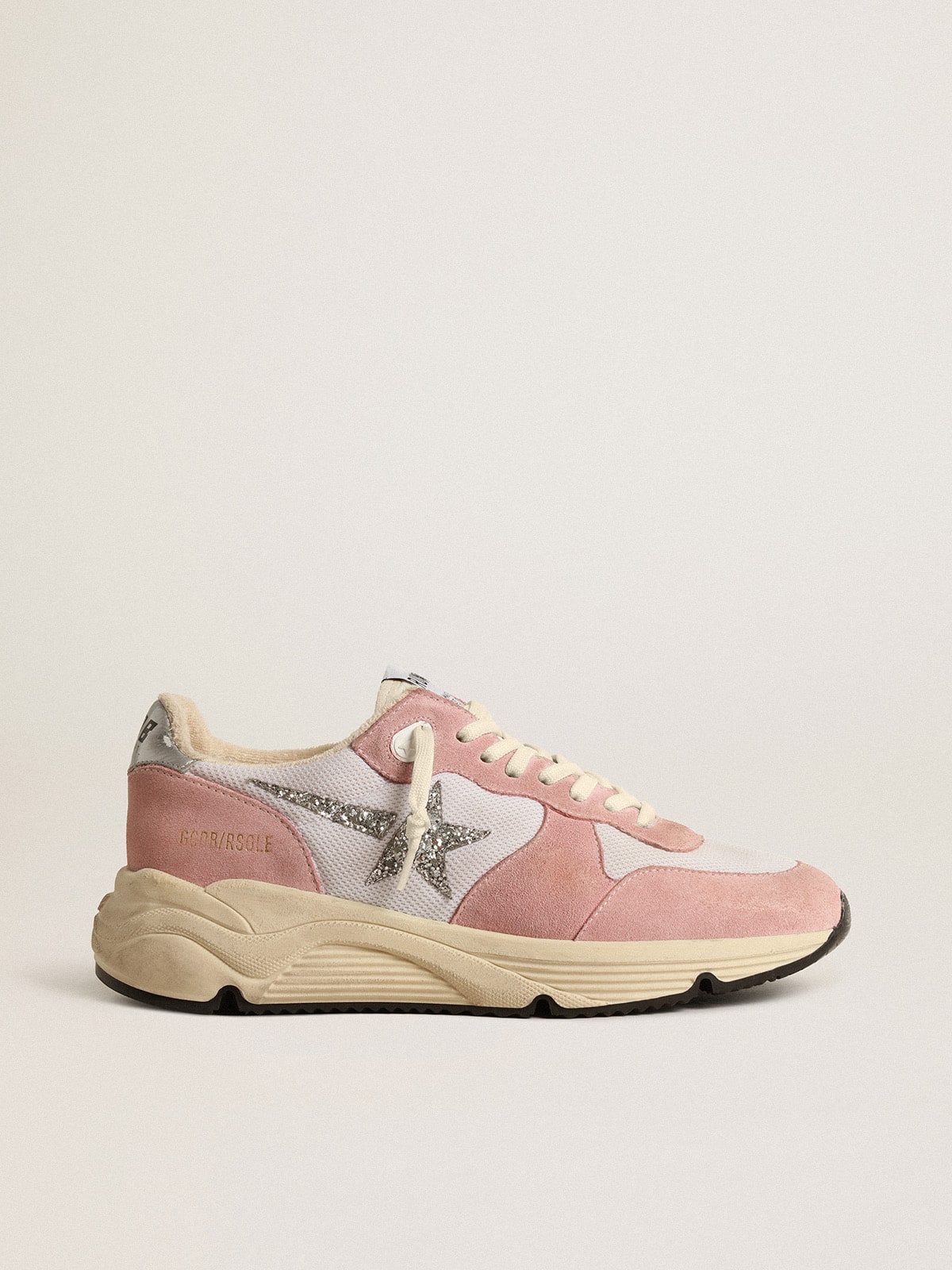 Golden Goose Women's Running Sole in gray mesh and suede with silver glitter star