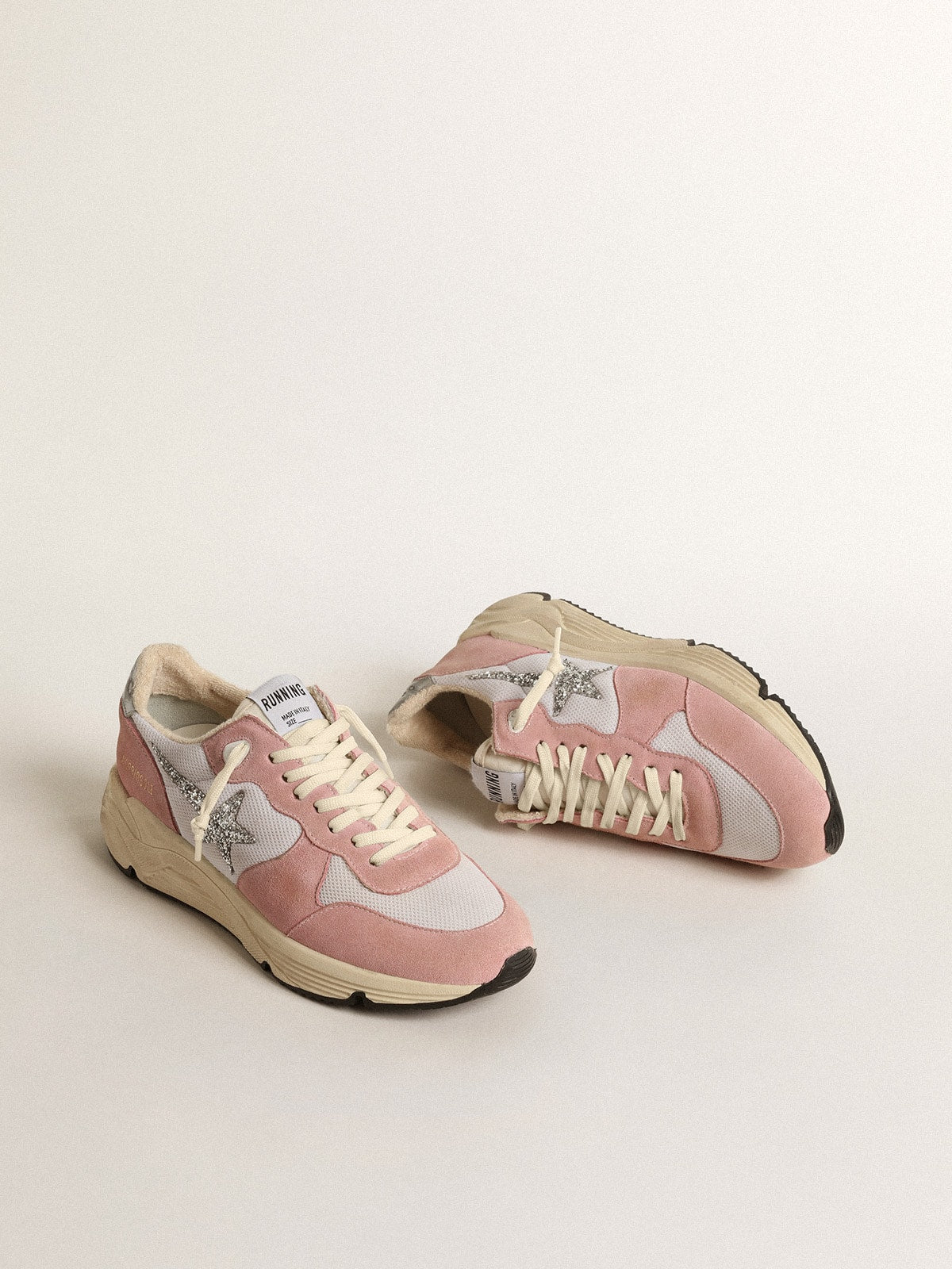 Golden Goose Women's Running Sole in gray mesh and suede with silver glitter star