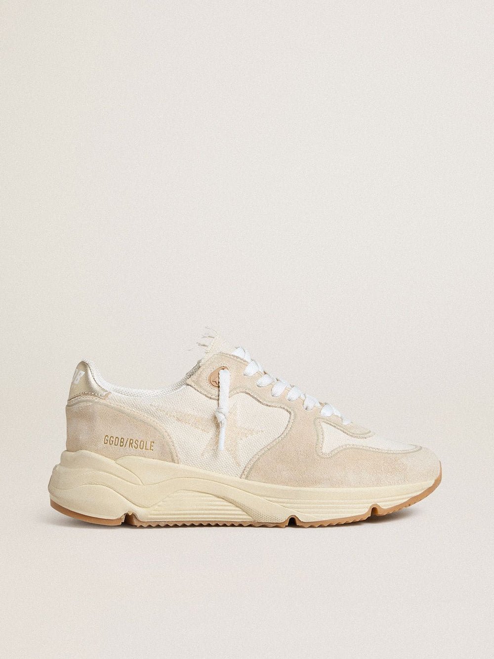 Golden Goose Women's Running Sole in canvas with beige star and platinum metallic leather heel tab