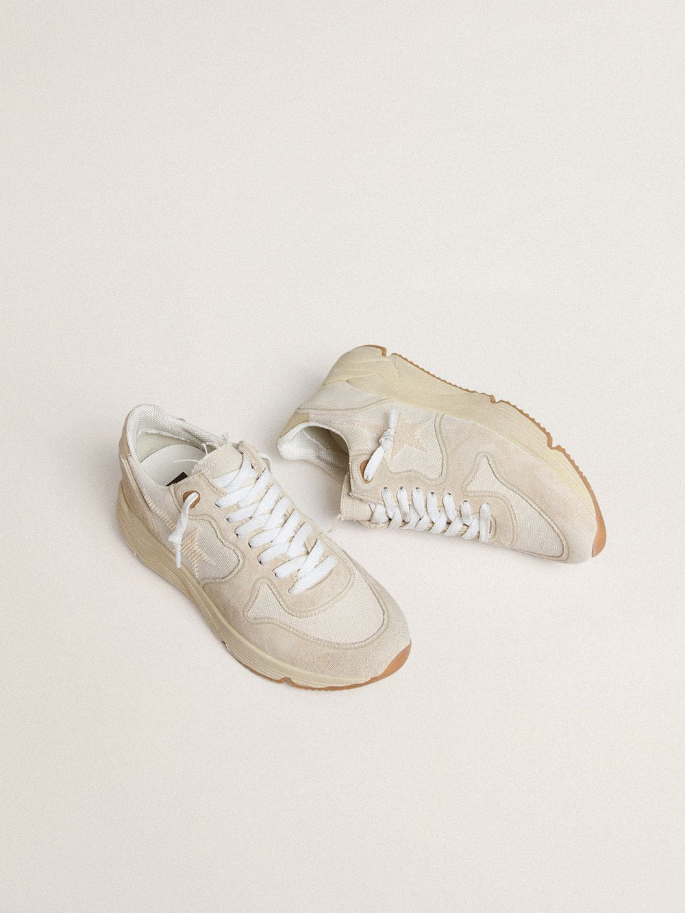 Golden Goose Women's Running Sole in canvas with beige star and platinum metallic leather heel tab