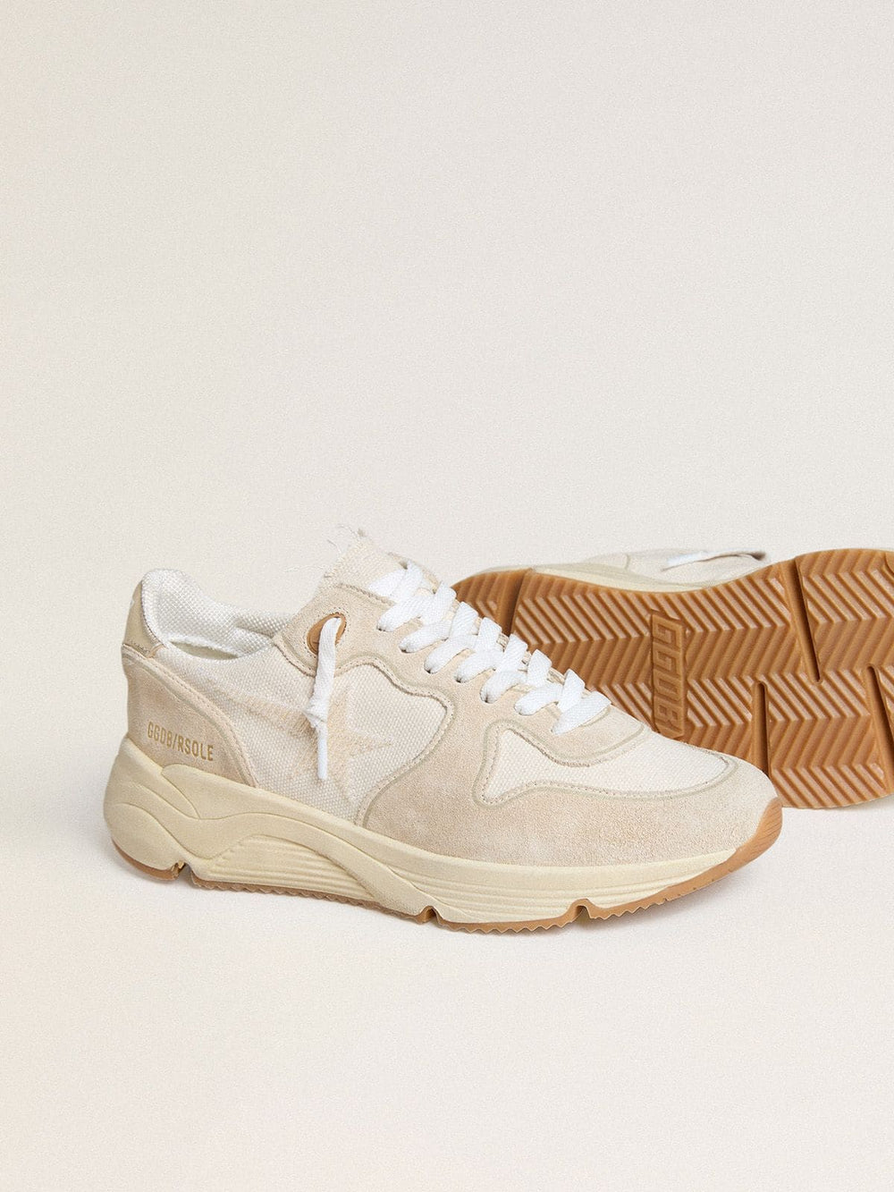 Golden Goose Women's Running Sole in canvas with beige star and platinum metallic leather heel tab