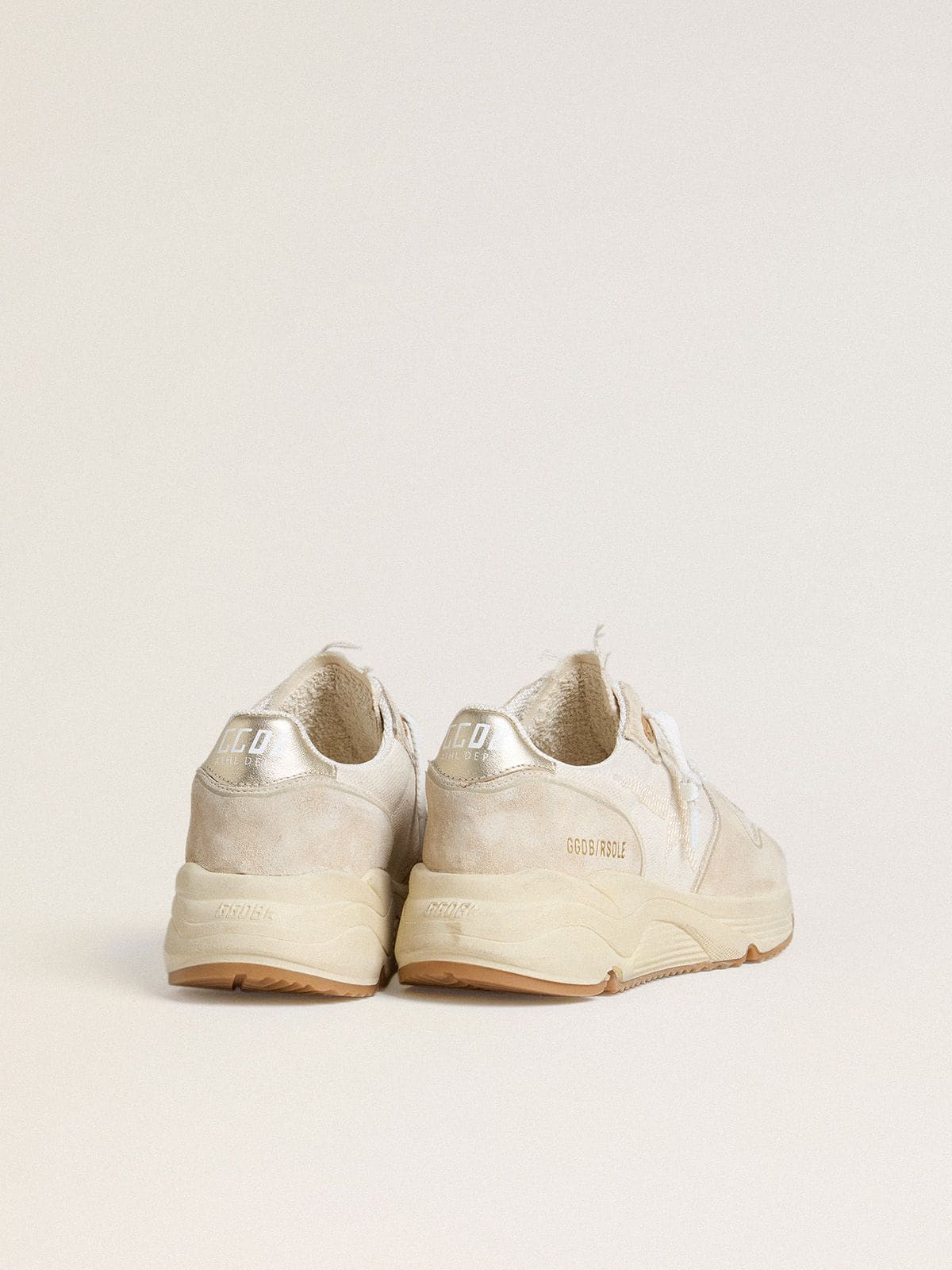 Golden Goose Women's Running Sole in canvas with beige star and platinum metallic leather heel tab