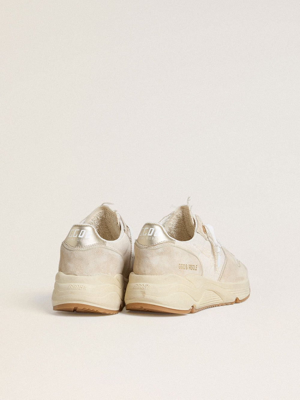 Golden Goose Women's Running Sole in canvas with beige star and platinum metallic leather heel tab