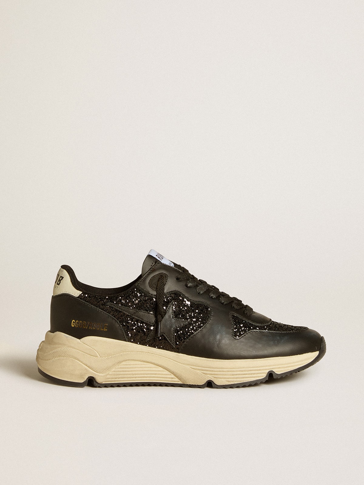 Golden Goose Women's Running Sole in black glitter with leather star and nubuck heel tab