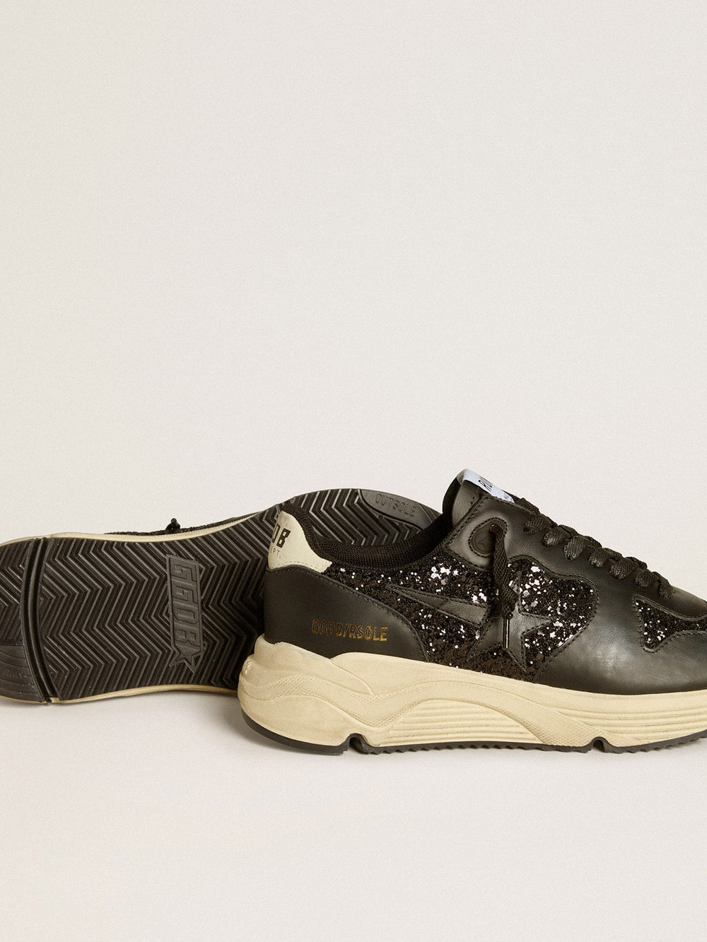 Golden Goose Women's Running Sole in black glitter with leather star and nubuck heel tab